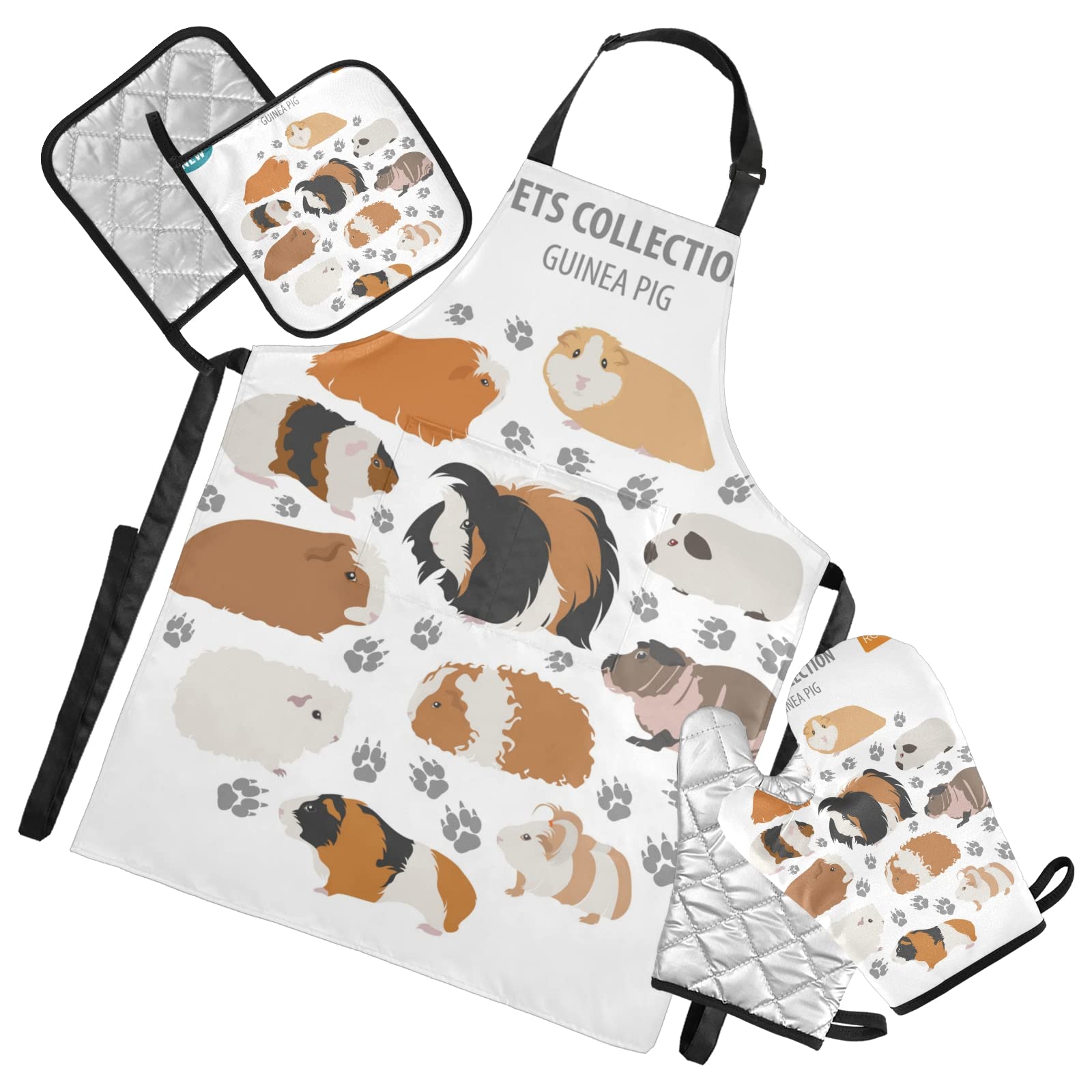 Poeticcity Unisex Multi 16 Guinea Pig Breeds Pet Rodents Isolated On White 5 Pcs Set Cooking Apron Heat Insulated Oven Mitts With Pot Holder Pad, Kitchen Oven Gloves Protectors Mat For Grilling Baking