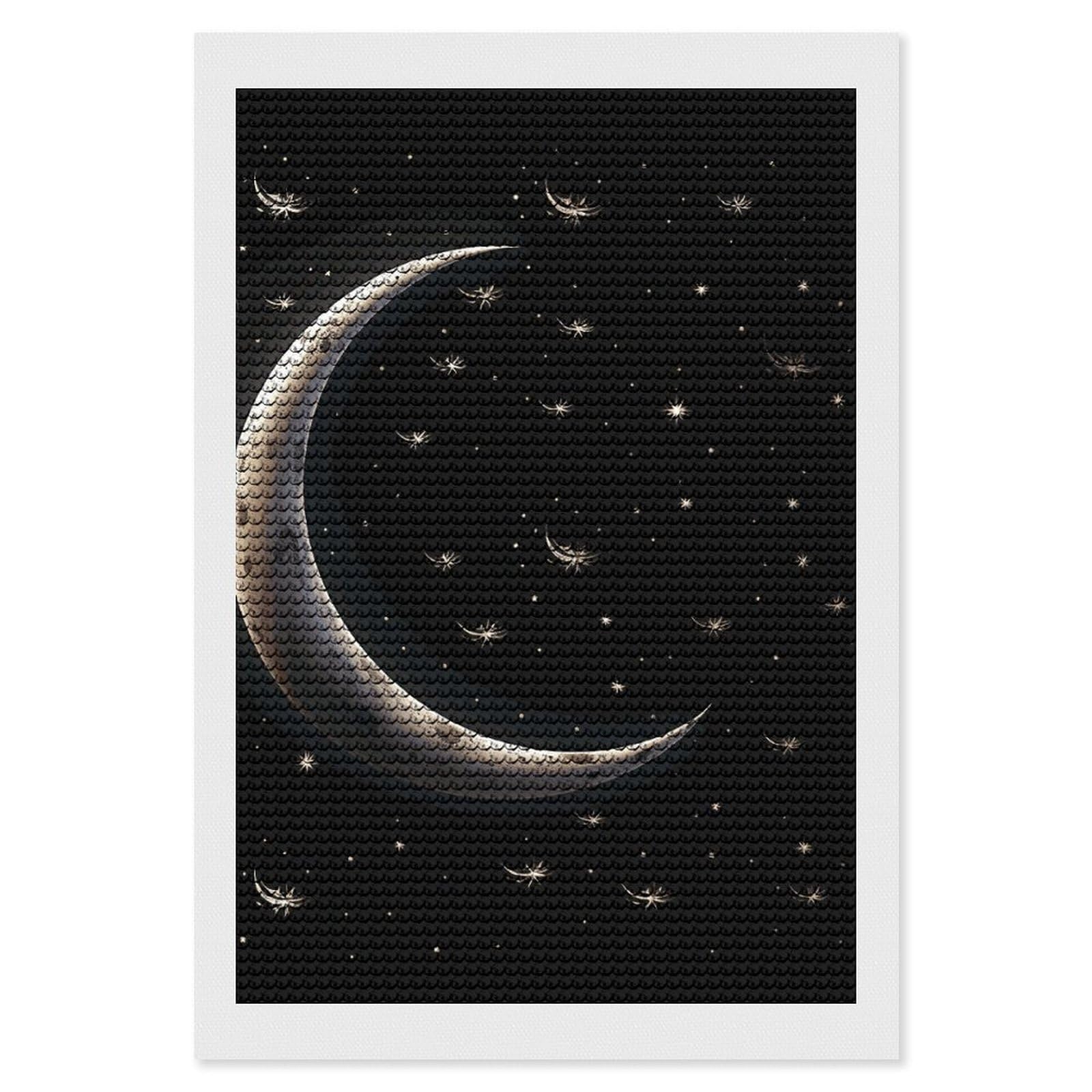 Crescent Moon on Black Background Diamond Art Kits for Adults, DIY 5D Diamonds Painting Kits for Beginner, Round Full Drill Diamond Dots Painting, Diamonds Pictures Gem Art And Crafts Wall Decor 8"x12