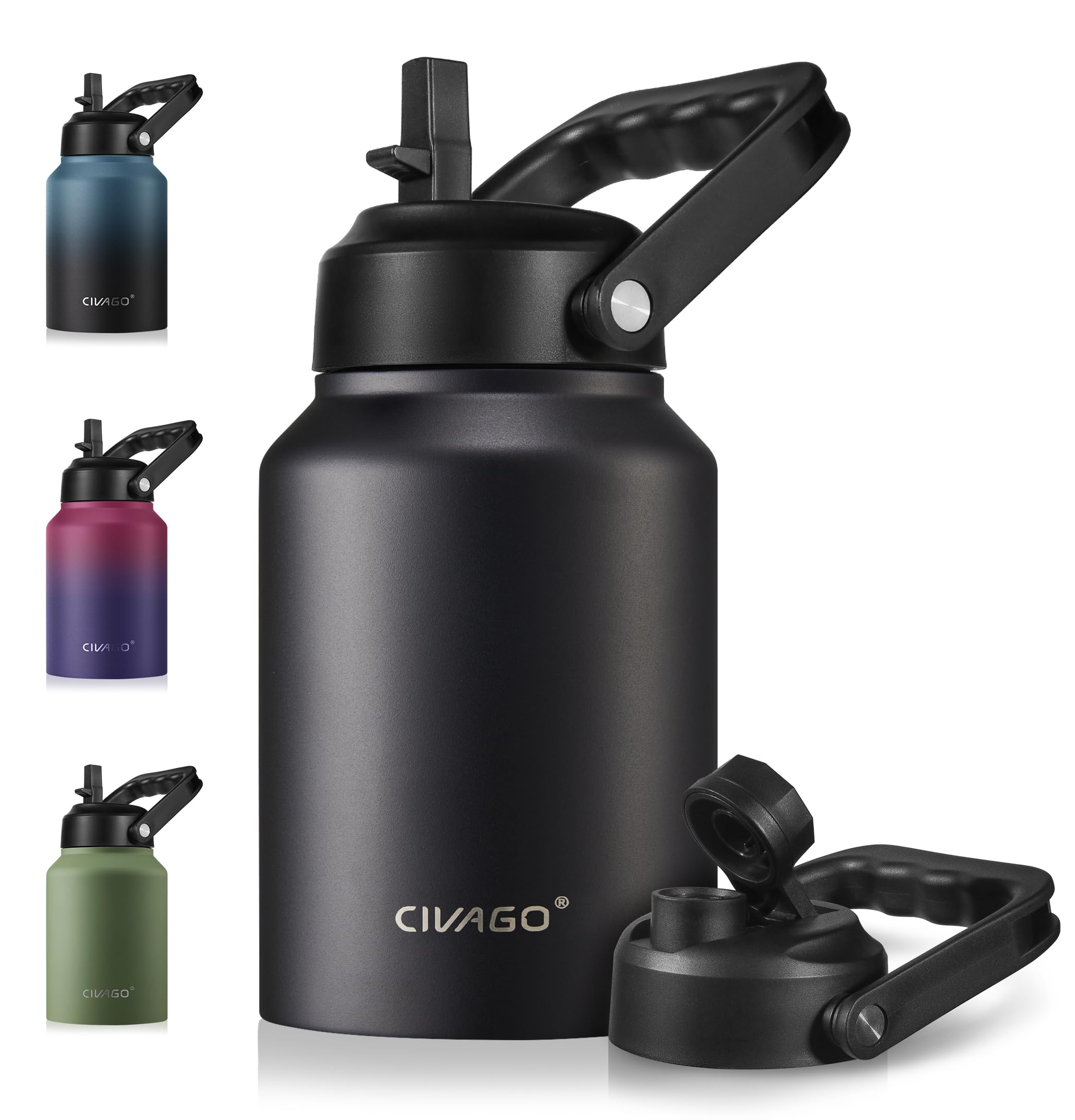 CIVAGO Half Gallon Insulated Water Bottle Jug with Straw, 64 oz Large Stainless Steel Sports Metal Water Flask with Handle, Big Thermal Water Cup Mug with 2 Lids for Camping & Fishing, Black