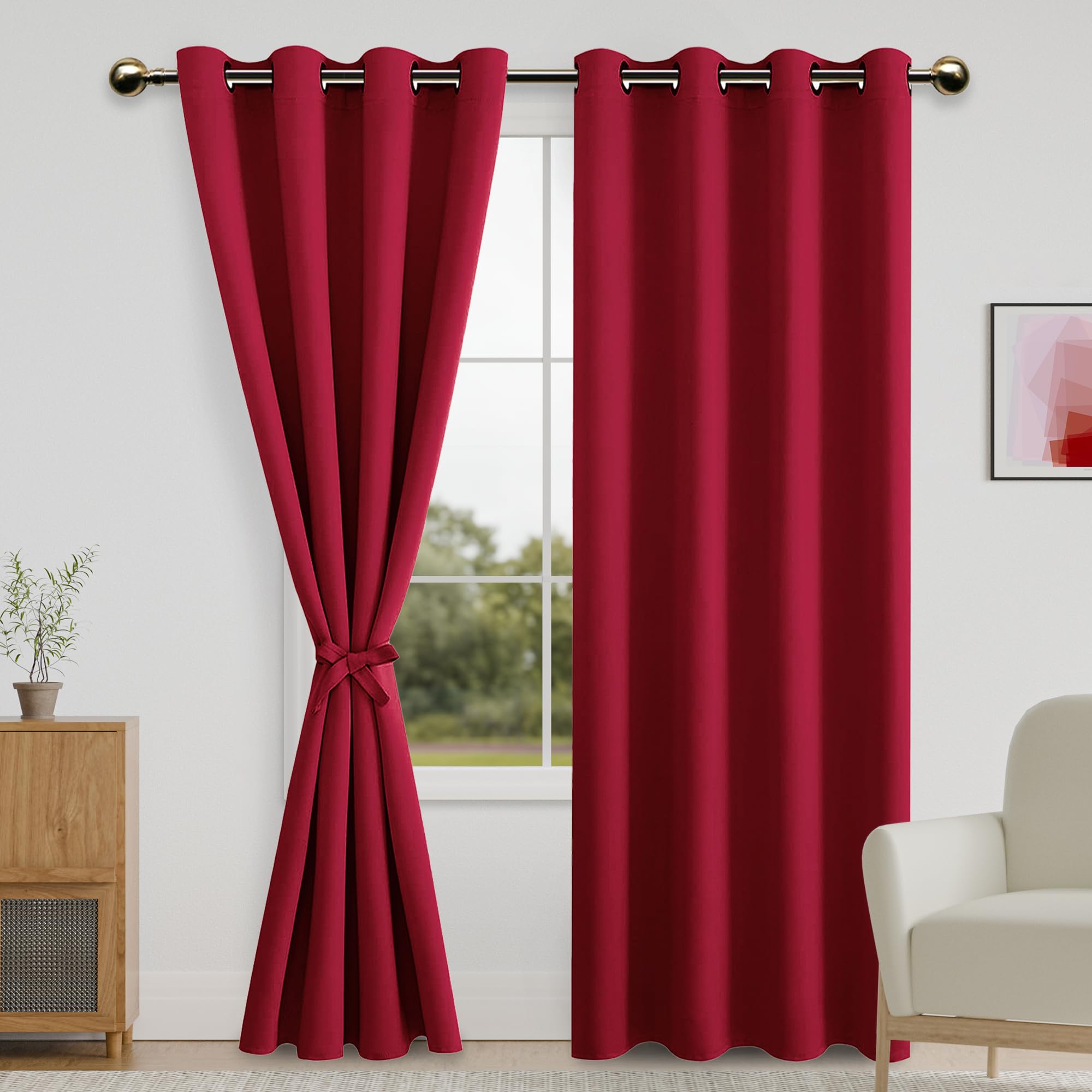 DWCN Blackout Curtains with Tiebacks - Christmas Thermal Insulated Privacy Protection Grommet Window Curtains for Living Room Bedroom, 52 x 96 inch Length, Red, 2 Panels — image 1