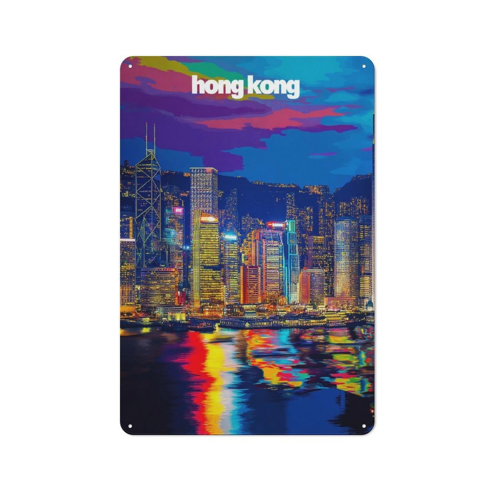 Junmoney Vibrant Hong Kong Nightscape -4 30X20cm Rustic Tin Sign With For Dining Room Or Kitchen, A Decorative Metal Sign For Kitchens And Dining Spaces