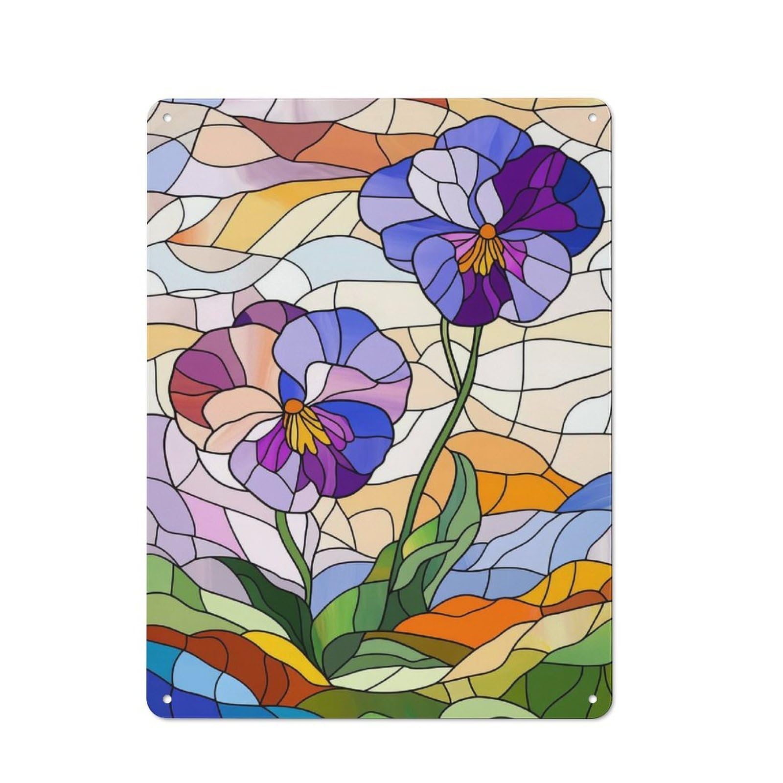 Junmoney Style-12 Classic Stained Glass Pansies Metal Sign 40X30cm, Classic Pub Decor For Diner, Restaurant, Shed Or Kitchen