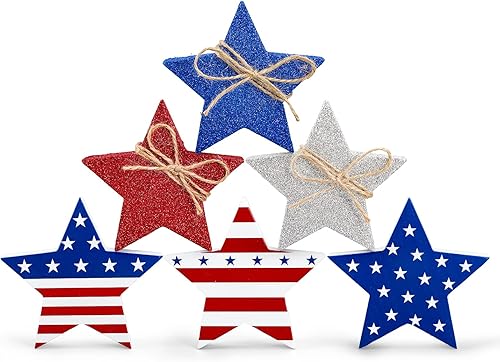 Whaline 6 piezas de decoración patriótica de mesa de estrellas de madera, estilo clásico de estrella y purpurina, rojo, azul, blanco, 3.9 x 0.6