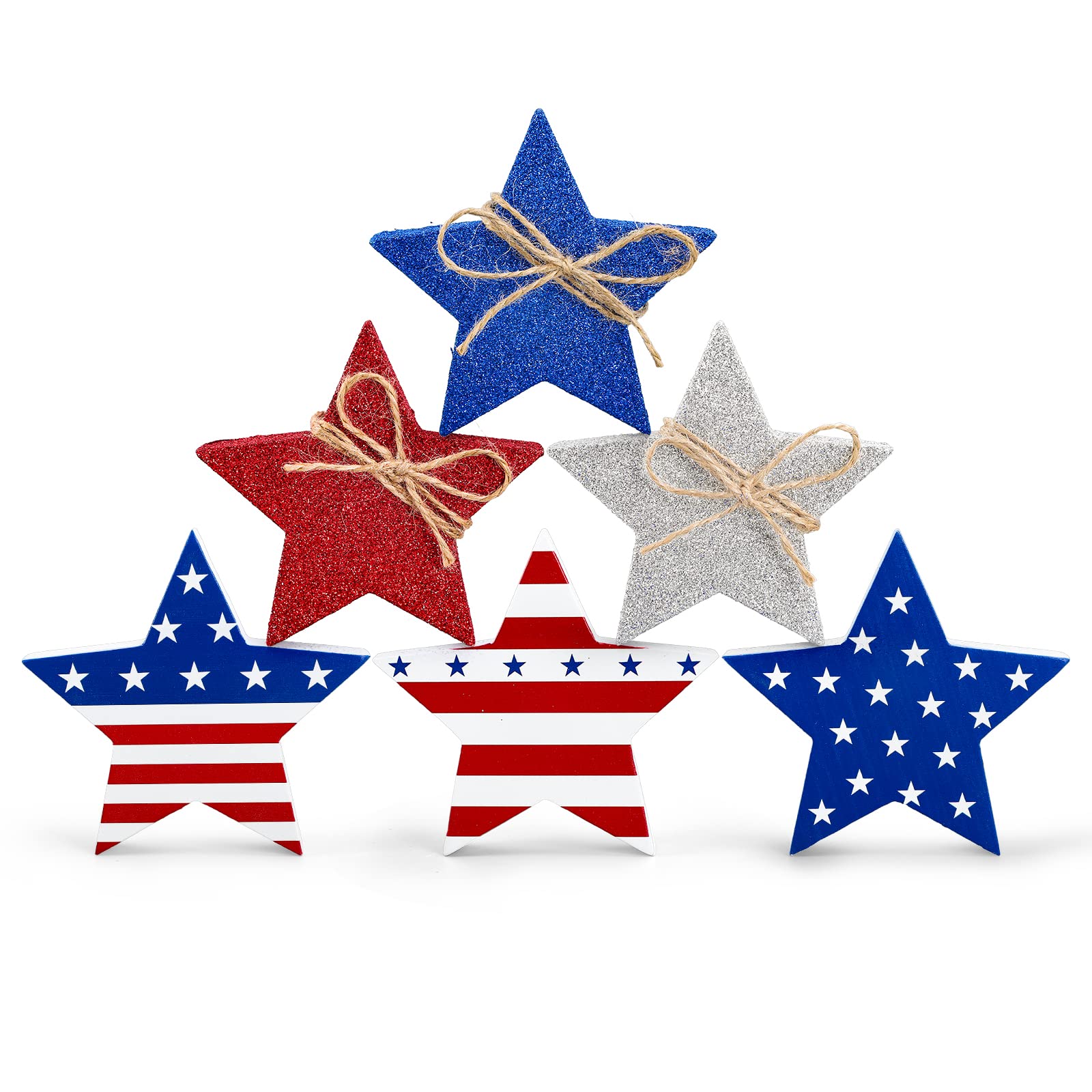 Whaline 6pcs Patriotic Wooden Star Table Decor - Classic Star & Glitter Style - Red, Blue, White - 10 x 1.5cm/3.9 x 0.6inch - Independence Day,