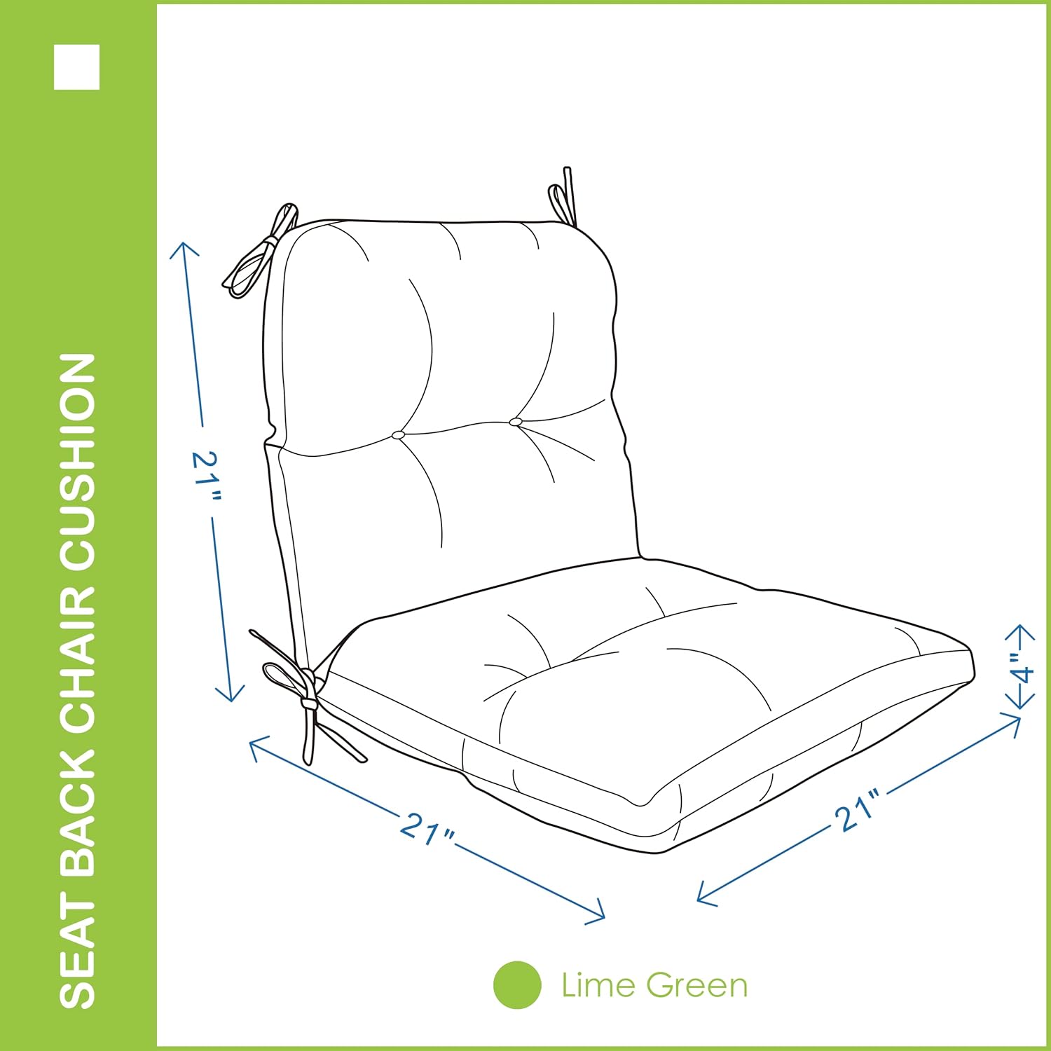 Outdoor Indoor Seat Back Chair Cushions Set of 4,Waterproof Tufted Lawn Dining Chair Cushions for Patio Furniture with Ties,42x21 Inch, Lime Green
