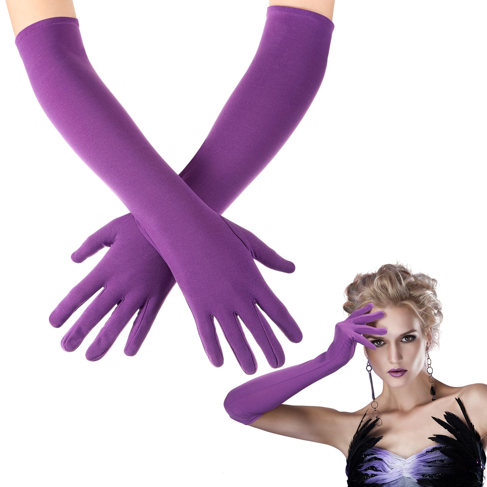 Boyiee 16 Inch Long Opera Elbow Length Gloves Banquet Party Wedding Stretchy Costumes Gloves for Men Women(Purple)