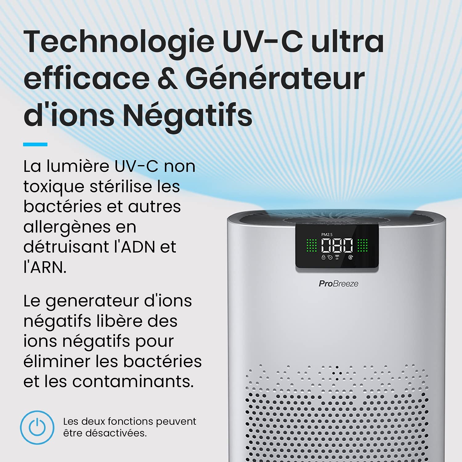 Pro Breeze Purificateur d'air ultra-puissant avec lampe UV-C, ioniseur d'air, système de filtration à 3 couches, filtre HEPA, CADR 460m³, pièces jusqu'à 140m² - Efficacité de filtration jusqu'à 99,95%
