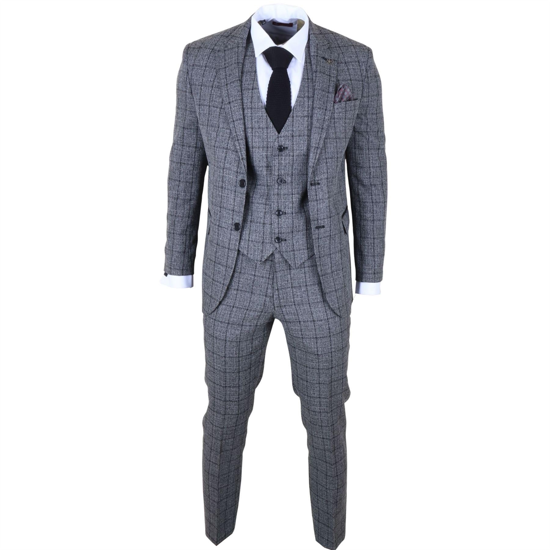 Truclothing Men's Charcoal Grey 3 Piece Check Suit Tailored Fit Formal Dress Suits - 40
