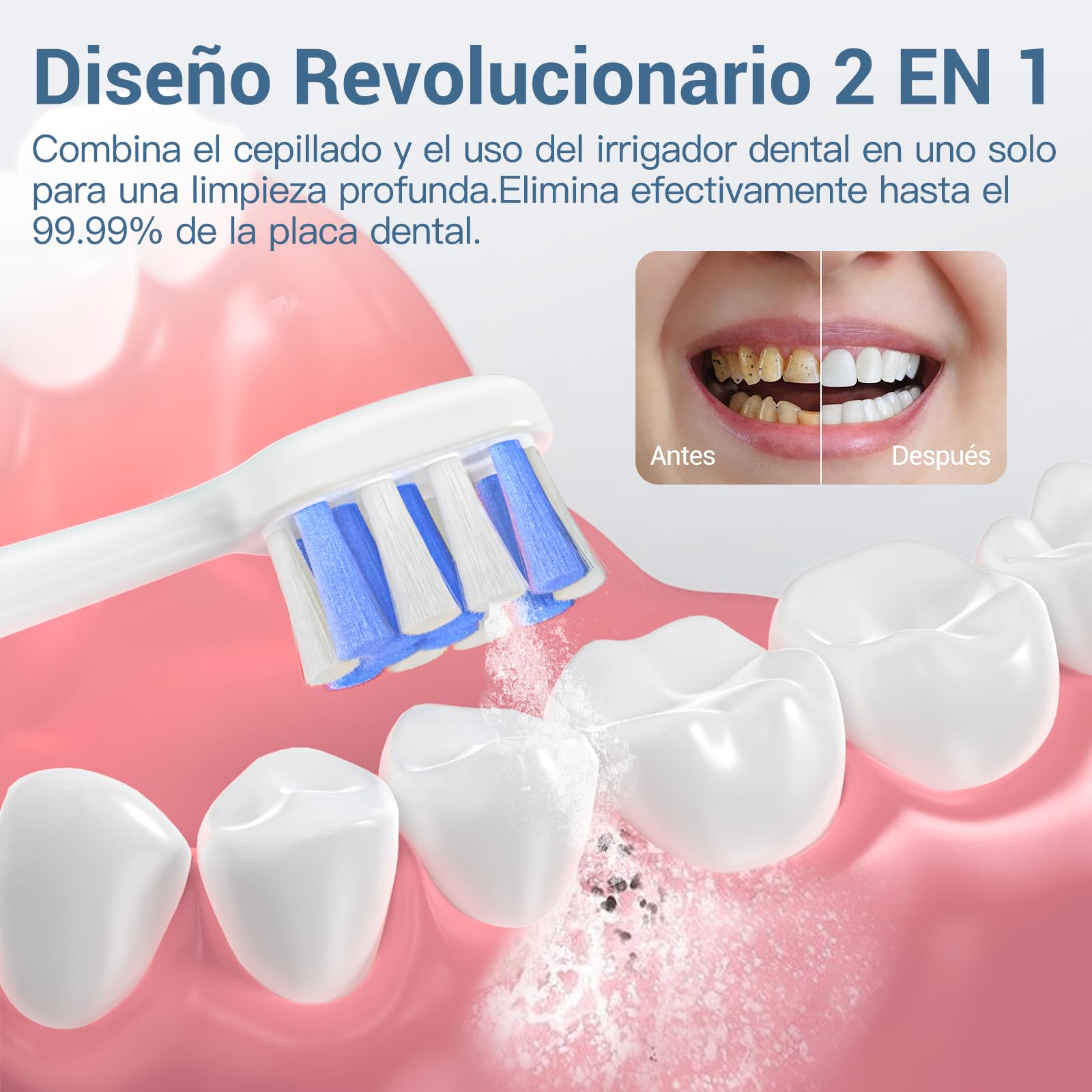 Marchpower Cepillo de Dientes Eléctrico con Irrigador, 2 En 1 Irrigador Dental Portatil con 10 Modos 3 Cepillos Dupont, IPX7 Impermeable 110ML USB-C Recargable, Para el Hogar y los Viajes(Blanco)