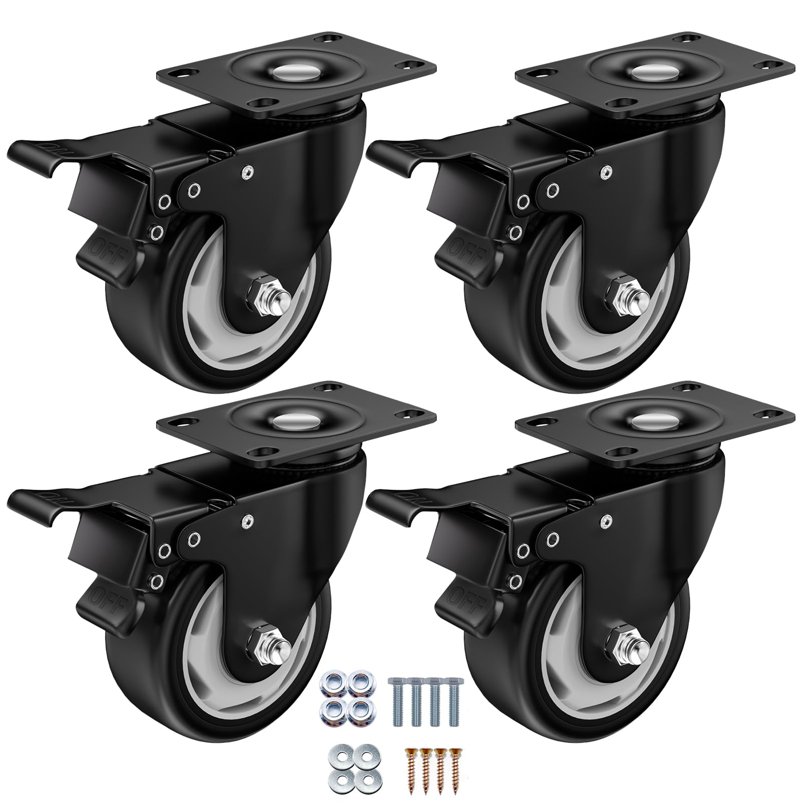 3 Inch Caster Wheels, Casters Set of 4, ASHGOOB Casters with Brake Heavy Duty 1200 Lbs, Industrial Locking Swivel Top Plate Castor Wheels for Workbench/Furniture/Cart.(AB Switch, Double Pedal Brake)-picture-38