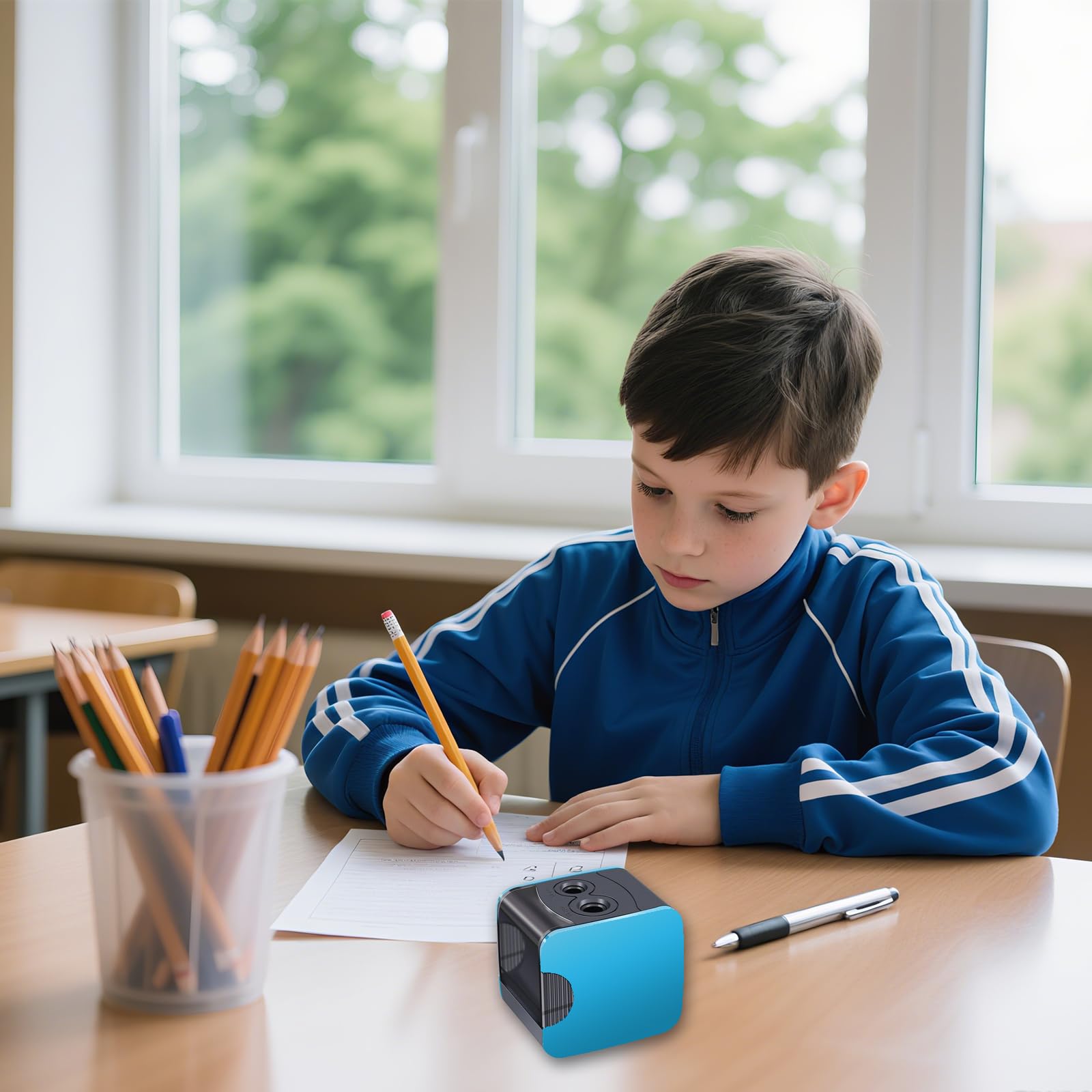 elektrischer anspitzer，Elektrischer Spitzer für Kinder Doppelloch elektrischer spitzer dicke und dünne stifte，Perfekt für Kinder im Büro oder zu Hause (blue)
