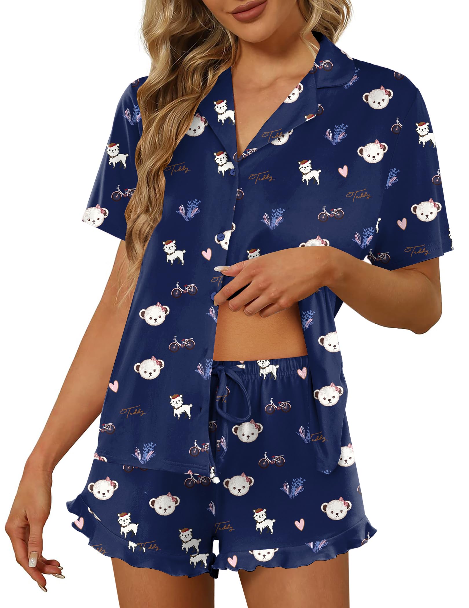 Ekouaer Pajamas Set for Women Short Sleeve Sleepwear Button Down Ruffle Pjs | Soft Pjs Shorts Set, Notch Collar, Lounge Sets for Sleep, Lounge, Wedding, Bridal Party