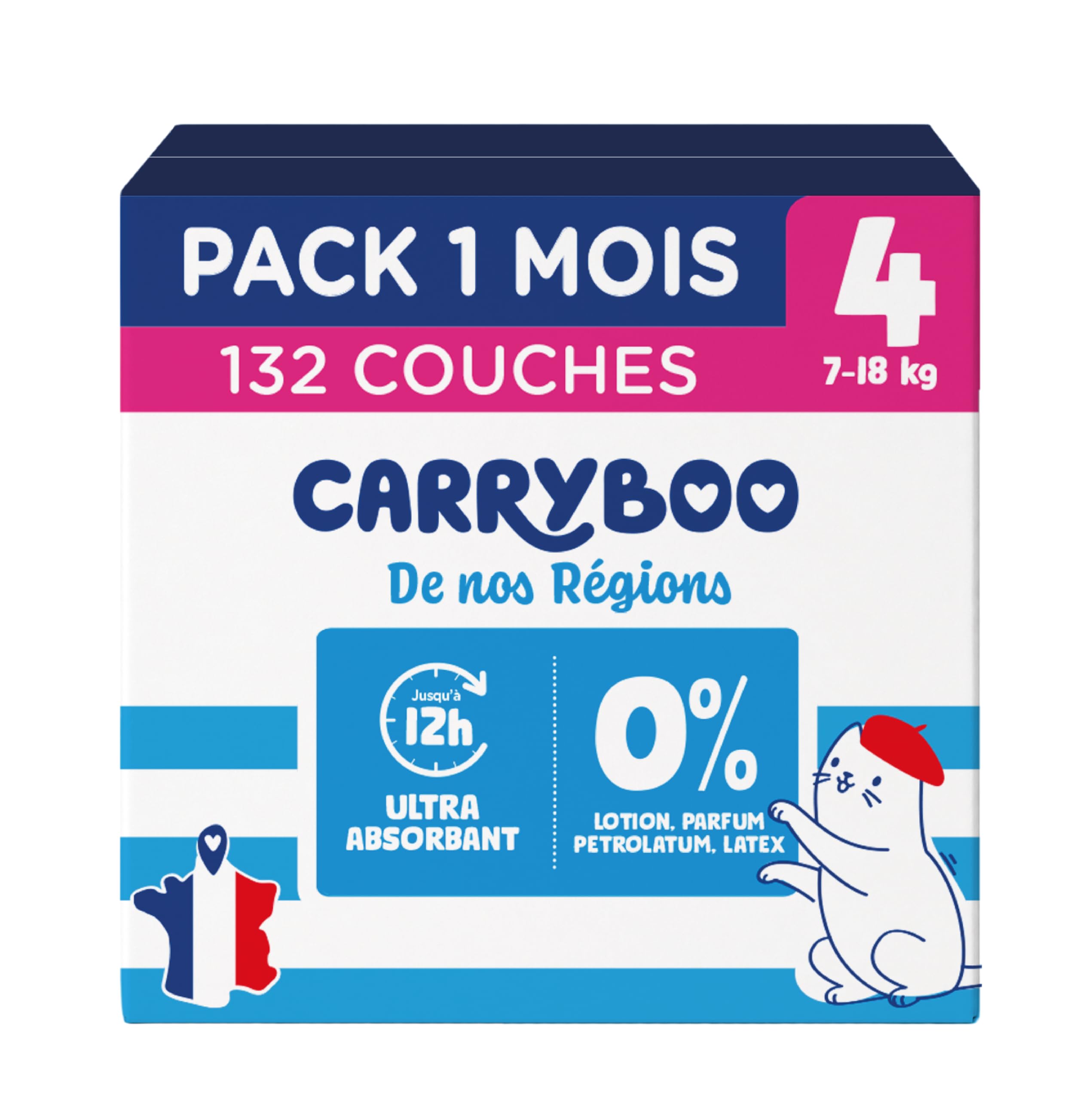 Carryboo De Nos Regions - Pieluszki Rozmiar 4 7-18 kg - Pieluszki jednorazowe pochodzenie Francja - Pielęgnacja niemowląt - Lokalna i ekologiczna - Naturalny skład - Dostępna cena - 132 przedmioty - 1