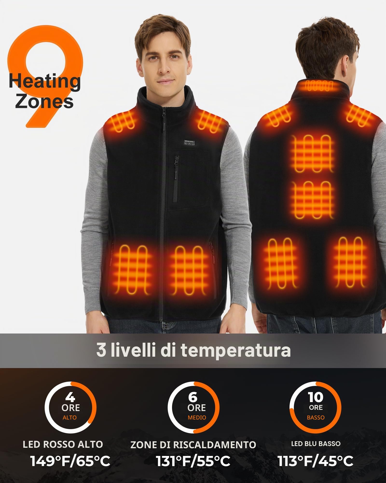 Pile Gilet Riscaldato Uomo con 16000mAh 7.4V Batteria Inclusa, Giubbotto Riscaldante per Uomini, Gilet Riscaldato in Pile per Caccia, Sci e Motociclismo all'Aperto-XL