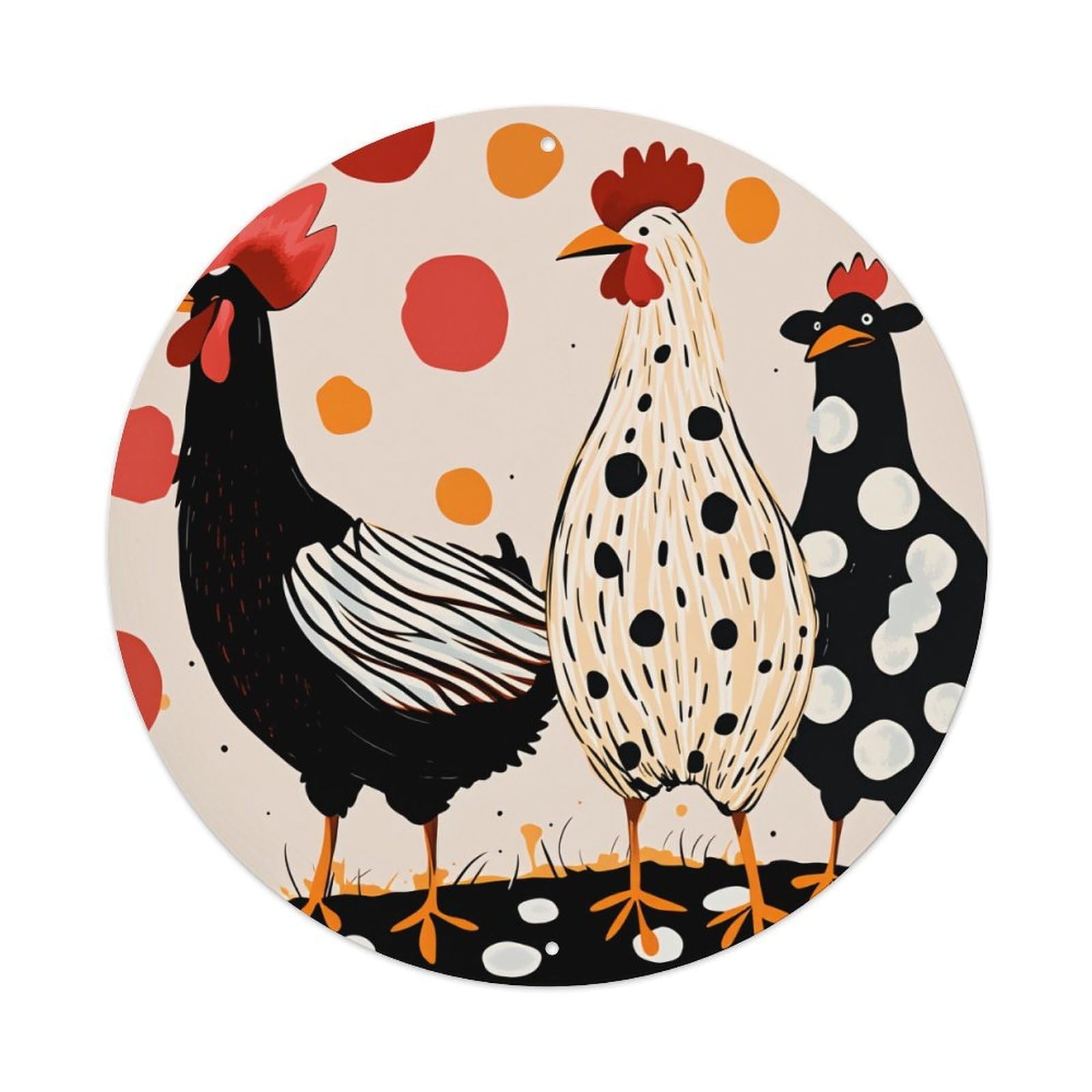 Lzwbntey Vintage Chicken Polka Dot Pattern Art Metal Tin Sign Retro Wall Decor For Home Bar Garage Cafe, Indoor & Outdoor Decorative，Circle Metal Poster, 8X8 Inch