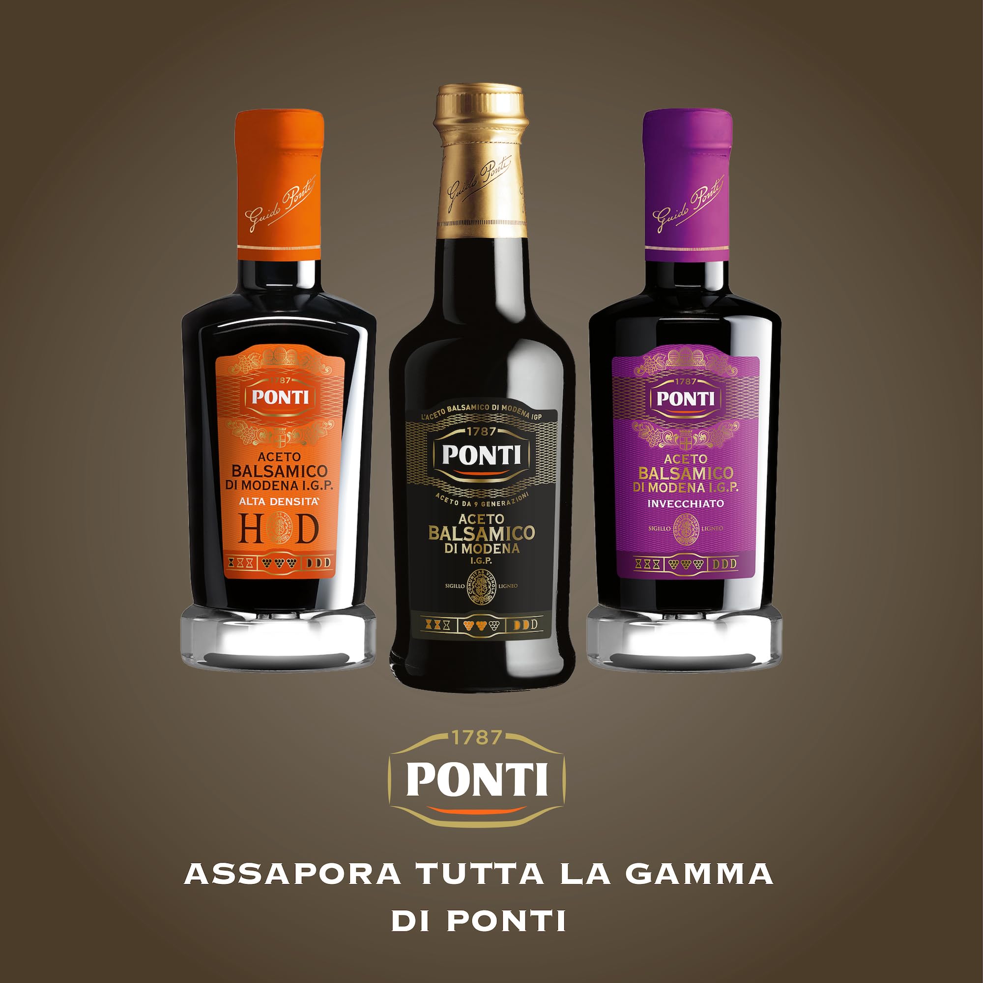 Ponti, Aceto Balsamico Modena I.G.P., Proveniente da Uve di 7 Vitigni Selezionati e Pregiato Aceto di Vino, Ideale per Insaporire Carni Rosse Crude e Cotte, 100% Made in Italy, 12 Bottiglie da 500 ml