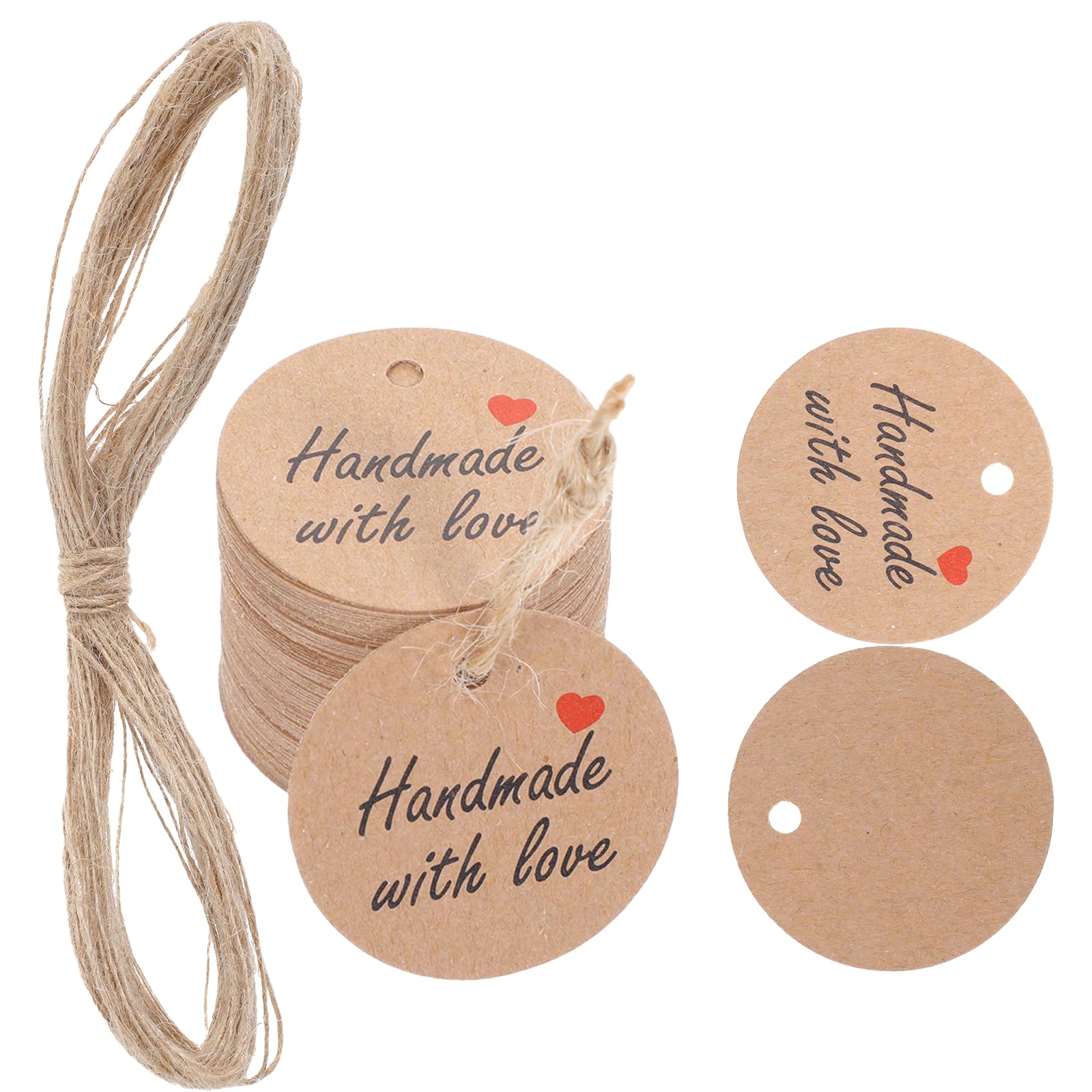 View 1 of 100 PCS Handmade Tags, Made with Love Tags 1.2” Brown Paper Hanging Tag with String for DIY Crafts Wedding Birthday Party Favors Gift Wrapping