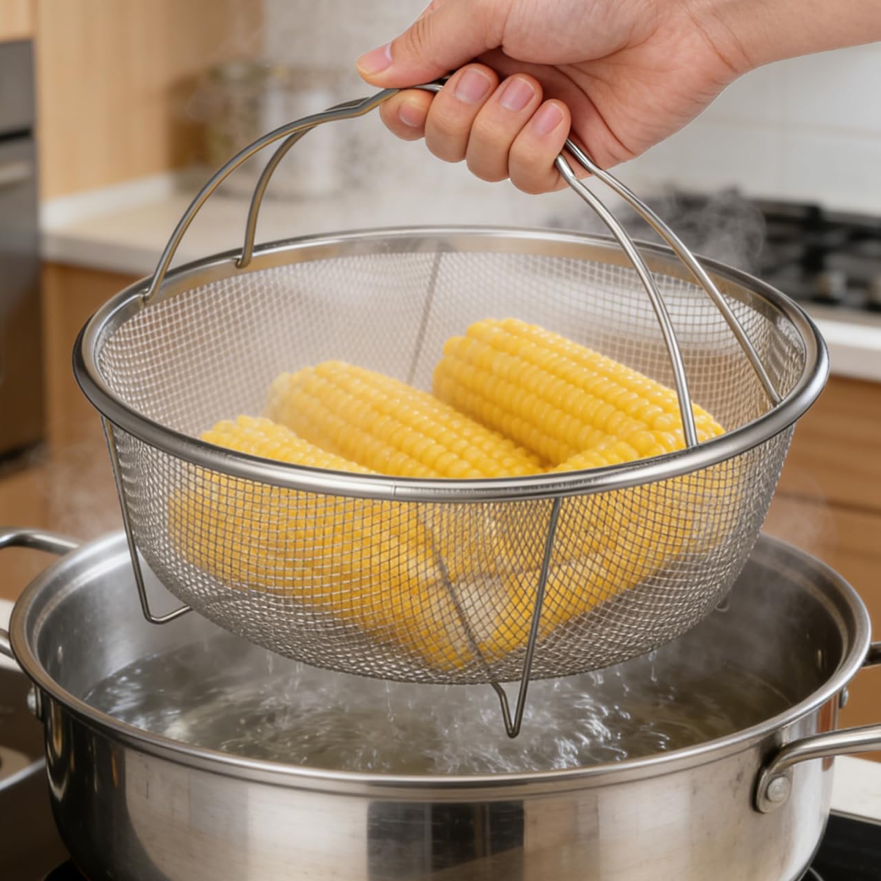 GANAZONO Cesta redonda para freír, cesta de drenaje de alambre de acero inoxidable, bandeja de drenaje de alimentos, colador de lavado de verduras, colador de frutas de metal, cesta de drenaje de