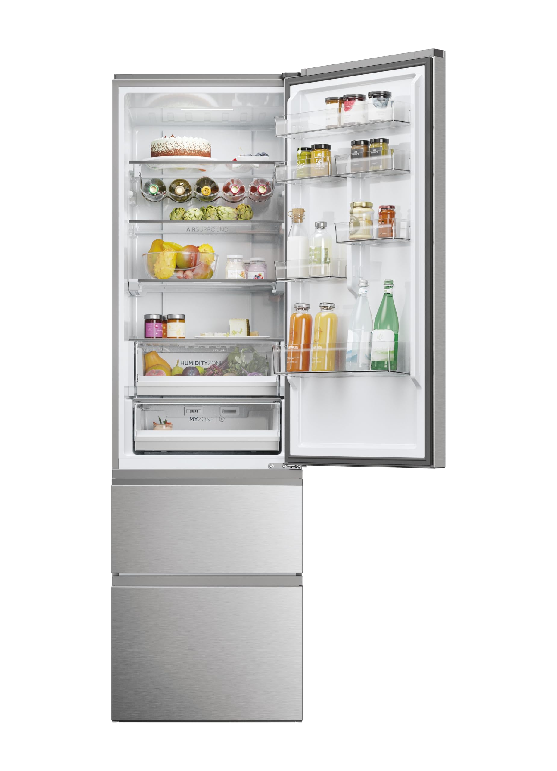 Haier 3D 60 Serie 5 Frigorifero Combinato 3 Porte 414 Litri (289 Frigo + 125 Freezer), Air Surround, Cassetti Accesso Diretto, Wi-Fi App hOn, Classe D, 205 x 59,5 x 66,7 cm (AxLxP), Inox, HTW5620DNMG