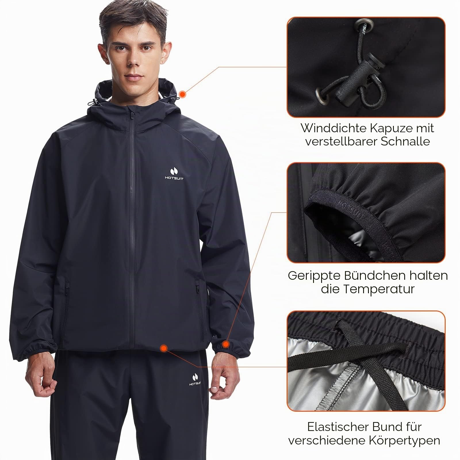 HOTSUIT Herren Sauna Trainingsanzug mit Reißverschluss, Fitness Schwitzjacke, Hose, Ganzkörper-Trainingsanzug, Schwarz