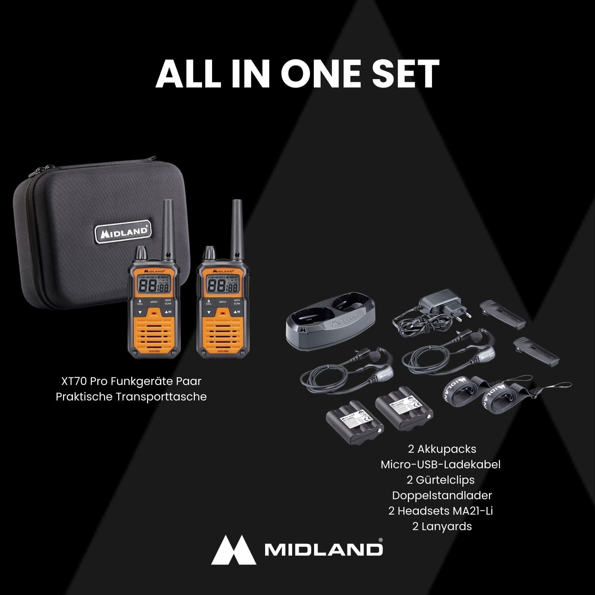 Midland XT70 PRO Doble Hobby & Work, Versión Full Optional, Walkie Talkie de Carga Rápida, 101 Canales PMR446 y Canal RRM, Resistente al Agua IPX4, Maletín de Transporte, 12Km, Naranja, 2 Unidades