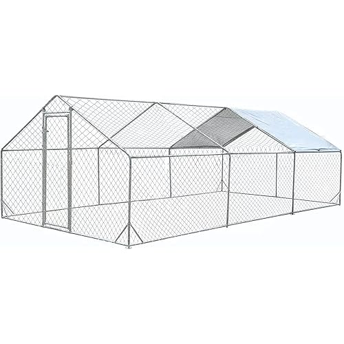 Fegherug Large Metal Chicken Coop, Walk-in Poultry Cage Galvanized Hen Playpen House with Cover and Lockable Door for Outdoor, Backyard Farm, Silver