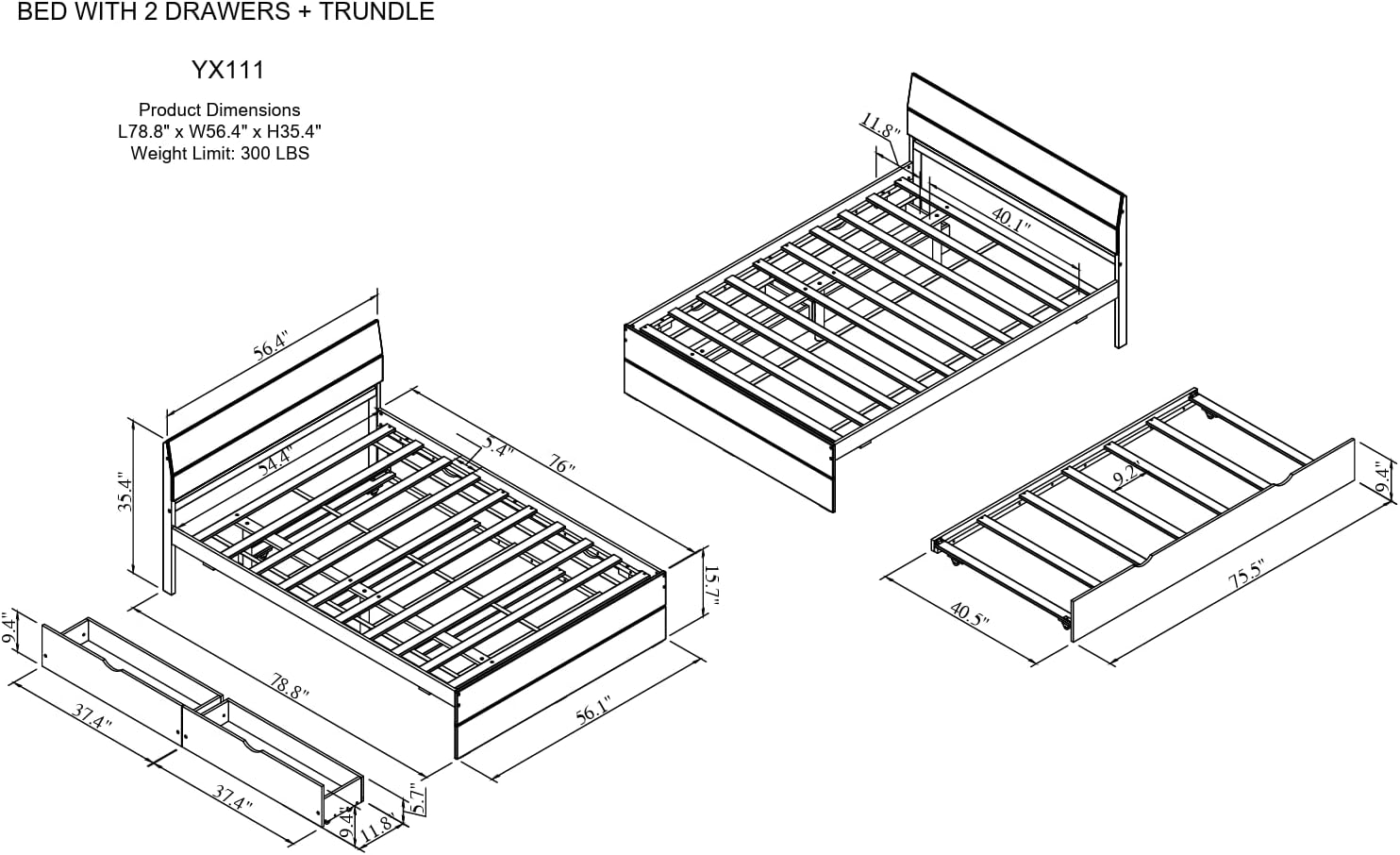 Linique Full Platform Bed Frame with the twin trundle bed and two storage drawers extended.