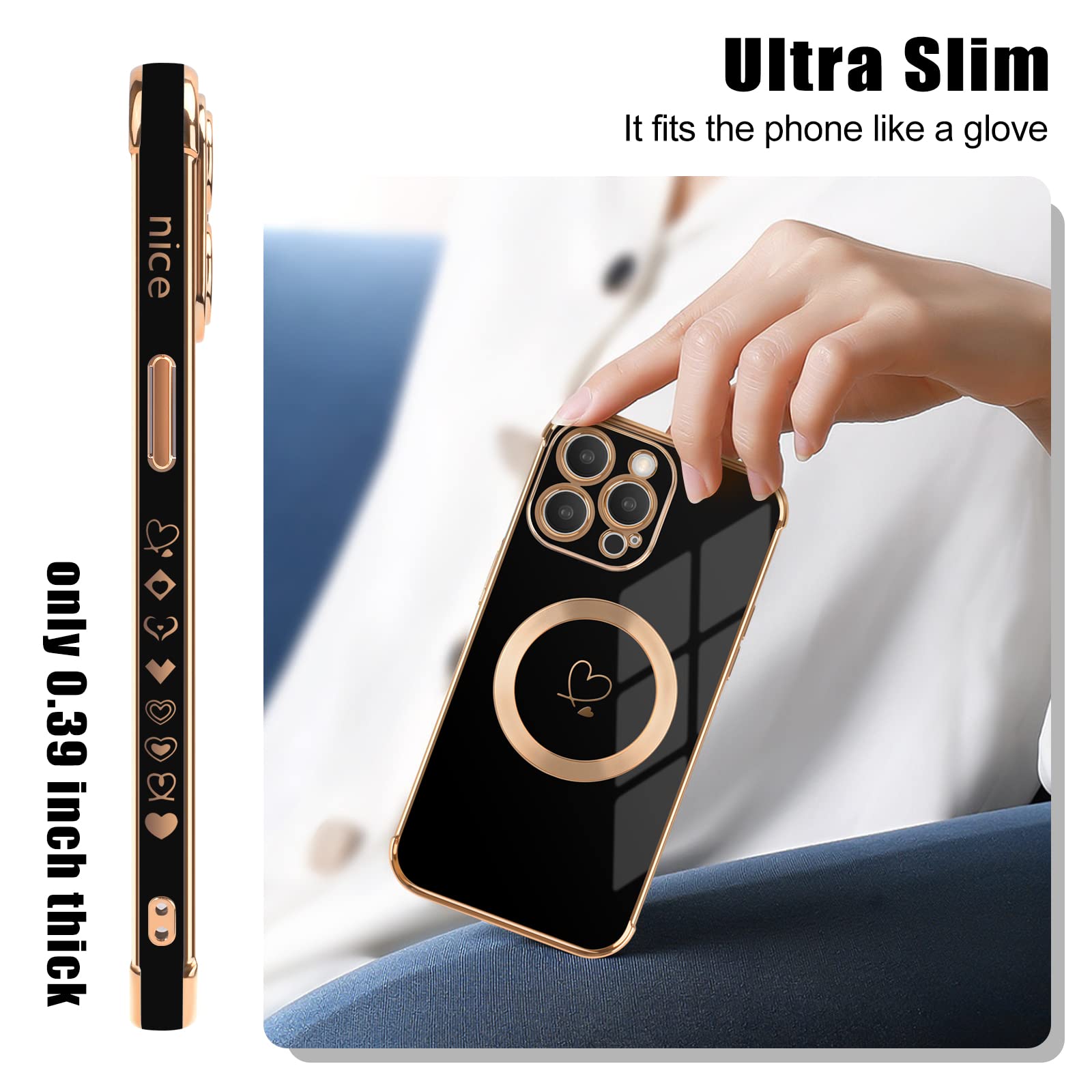 Pnakqil Cover Magnetica Per IPhone 13 Pro Max Con Cuori, Bordo Oro, Compatibile MagSafe, Silicone Nero - 3