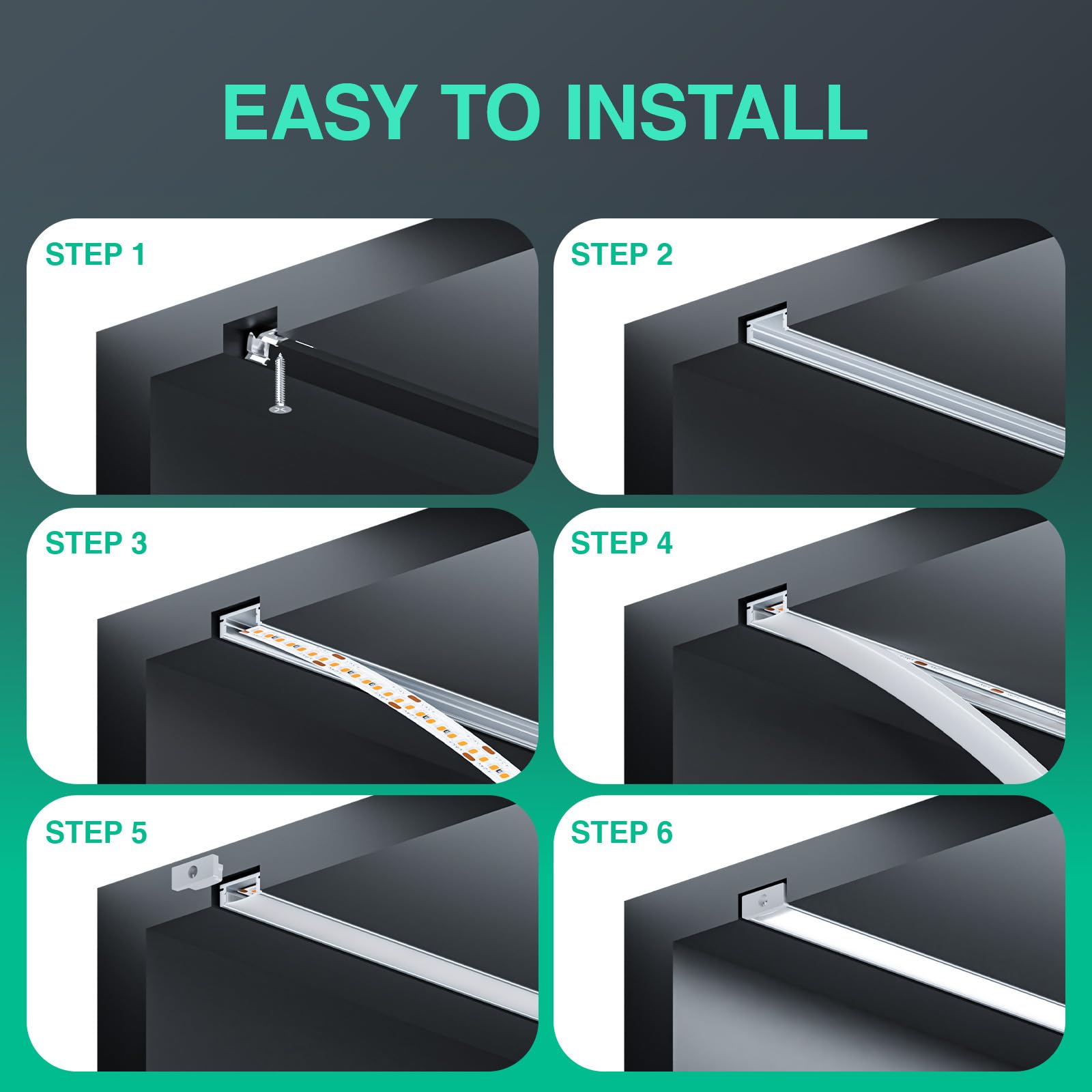 Perfil de aluminio para tiras de LED, 2 m x 6 unidades de 12 m, tamaño 17,4 mm x 7 mm, para tiras LED de menos de 12,4 mm de ancho, con accesorios de montaje