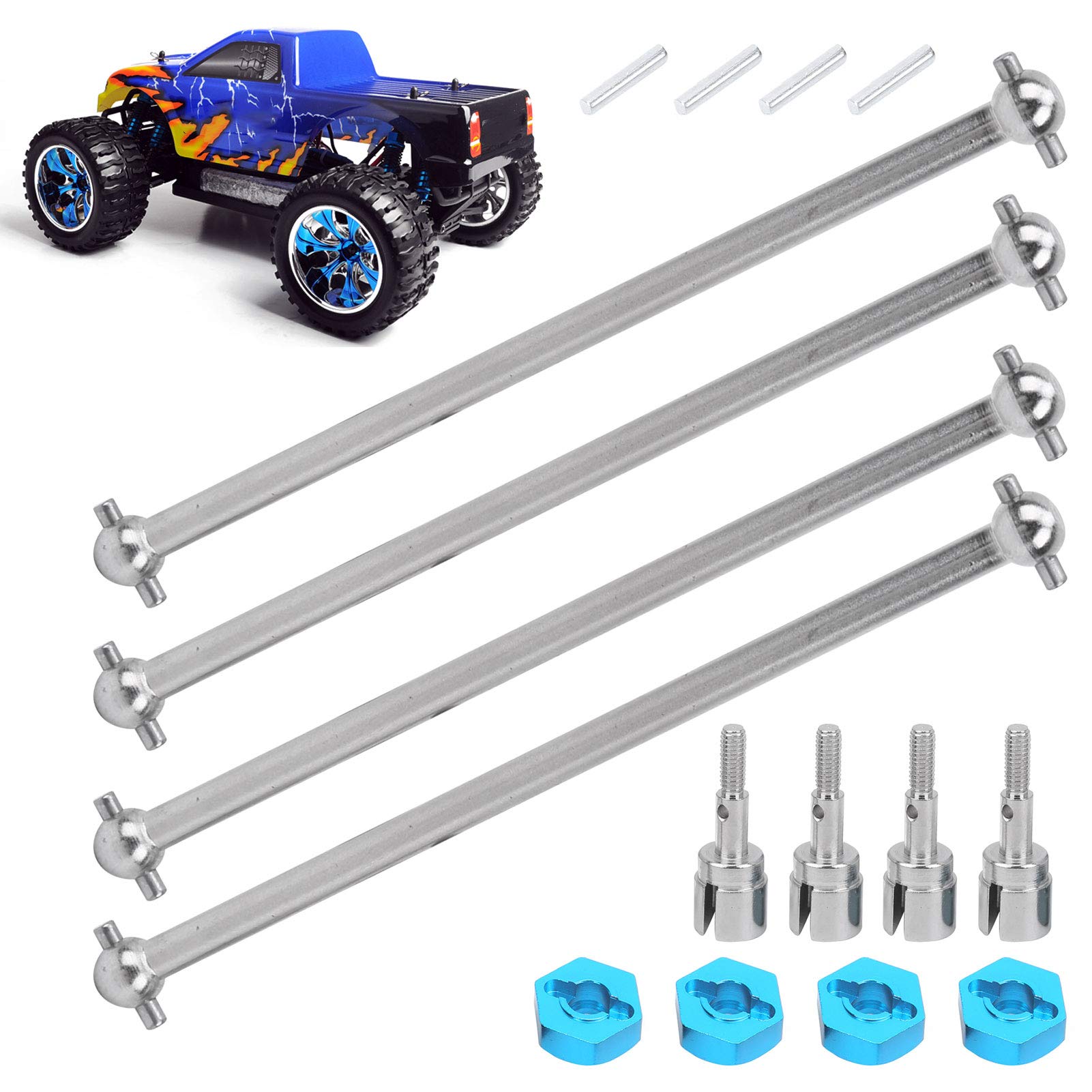 equlup 4Pcs RC Drive Shaft, Metal Balanced Design Drive Shaft Universal Portable Wheel Hub Adapters Combiner Replacement for HSP 1/10 Remote Control Car 94111 94108 (Silver)