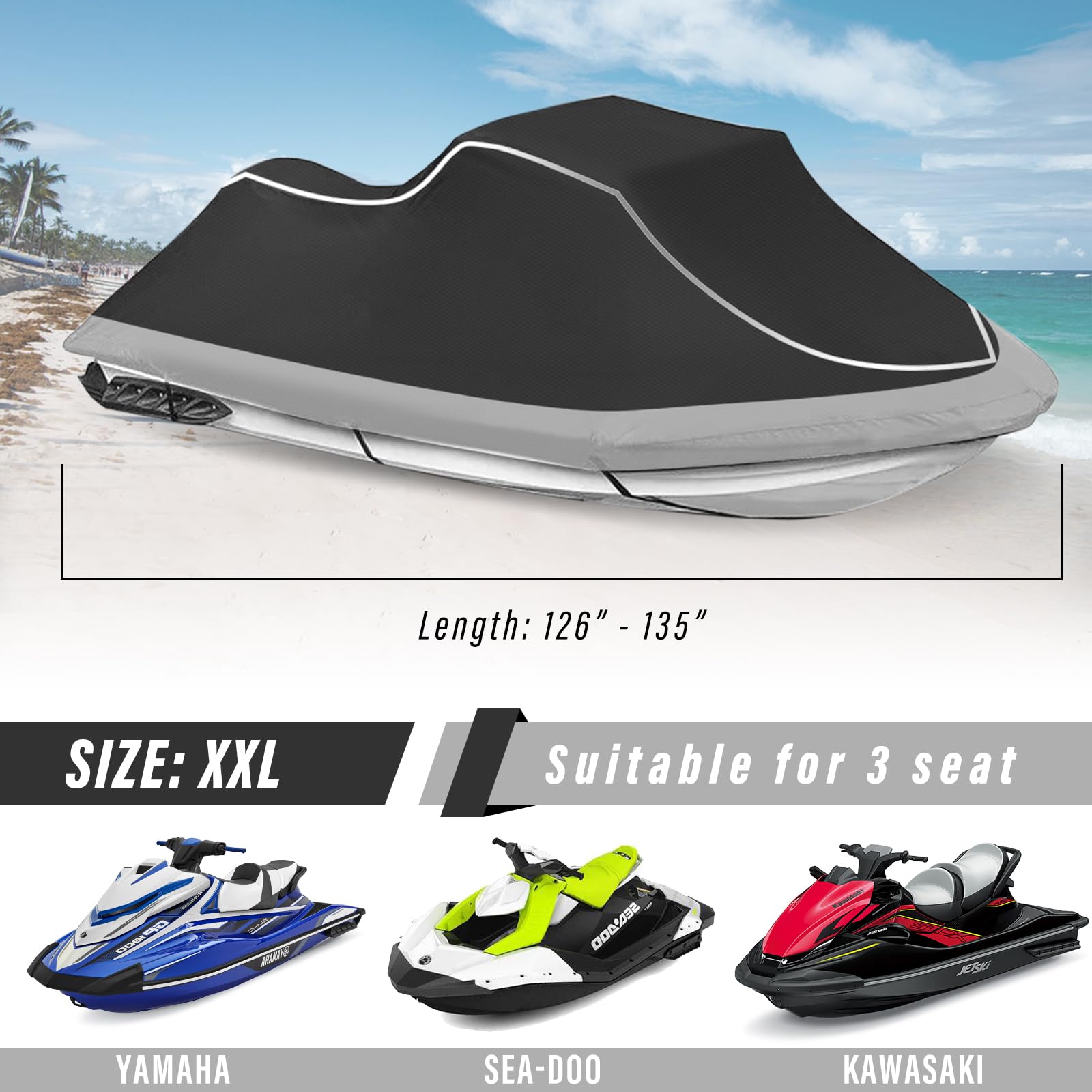 CoukouCover Trailerable Jet Ski Cover, Heavy Duty Waterproof PWC Cover, 3 Seater with Reflective Strips and Vents for Seadoo Yamaha Kawasaki Polaris, Fits Lengths from 126-135” (Black&Gray)