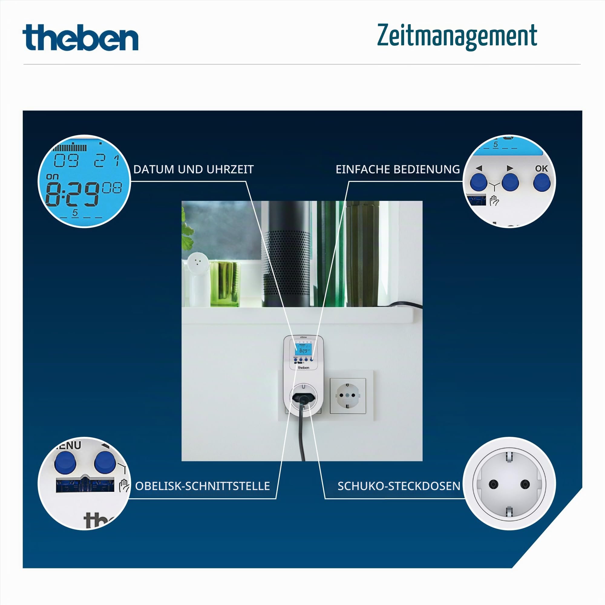 Theben 0200130 eltimo 020 top3 Steckdosen Zeitschaltuhr digital | 1-Kanal, Wochenprogramm, 1 Minute, 56 Speicherplätze, 6 Jahre Gangreserve, 300 W LED, Schuko, Zufallsprogramm, App möglich