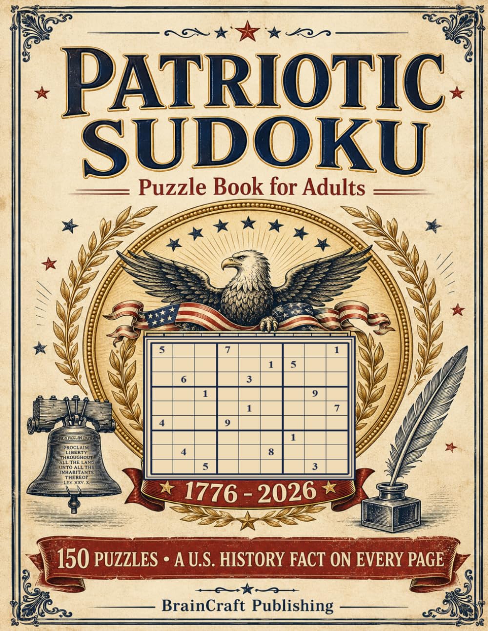 Patriotic Sudoku Puzzle Book for Adults: 150 Puzzles with a U.S. History Fact on Every Page, Celebrating America's 250 Years 1776-2026: Easy to Medium ... Fact About America, Full Solutions Included