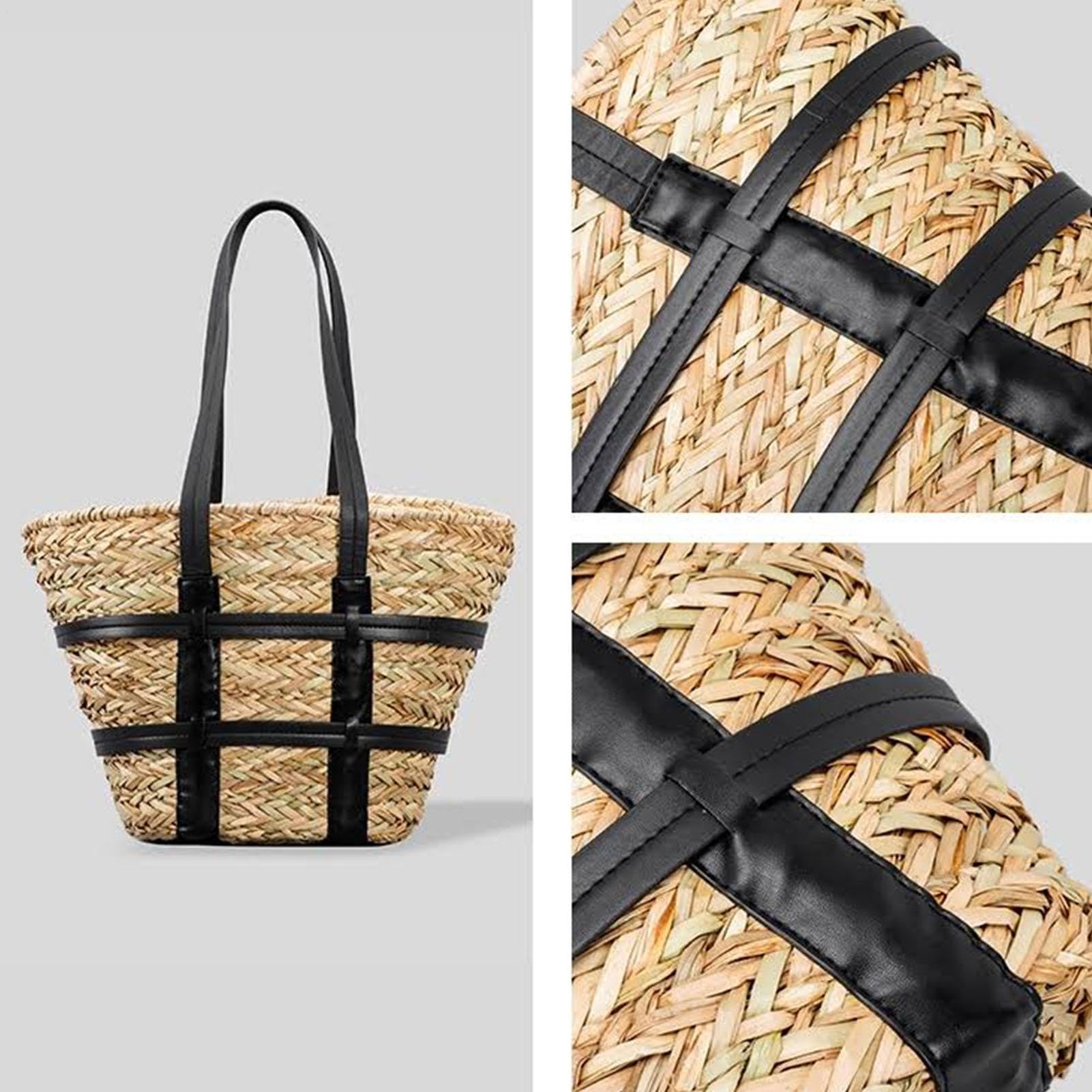 Słomiana Torba Shopper Duża retro ręcznie pleciona torba na ramię | Słoma Dla Kobiet Dziewczyn Przyjaciółek Plaża Zakupy Kemping Wesele Spotkanie Outdoor