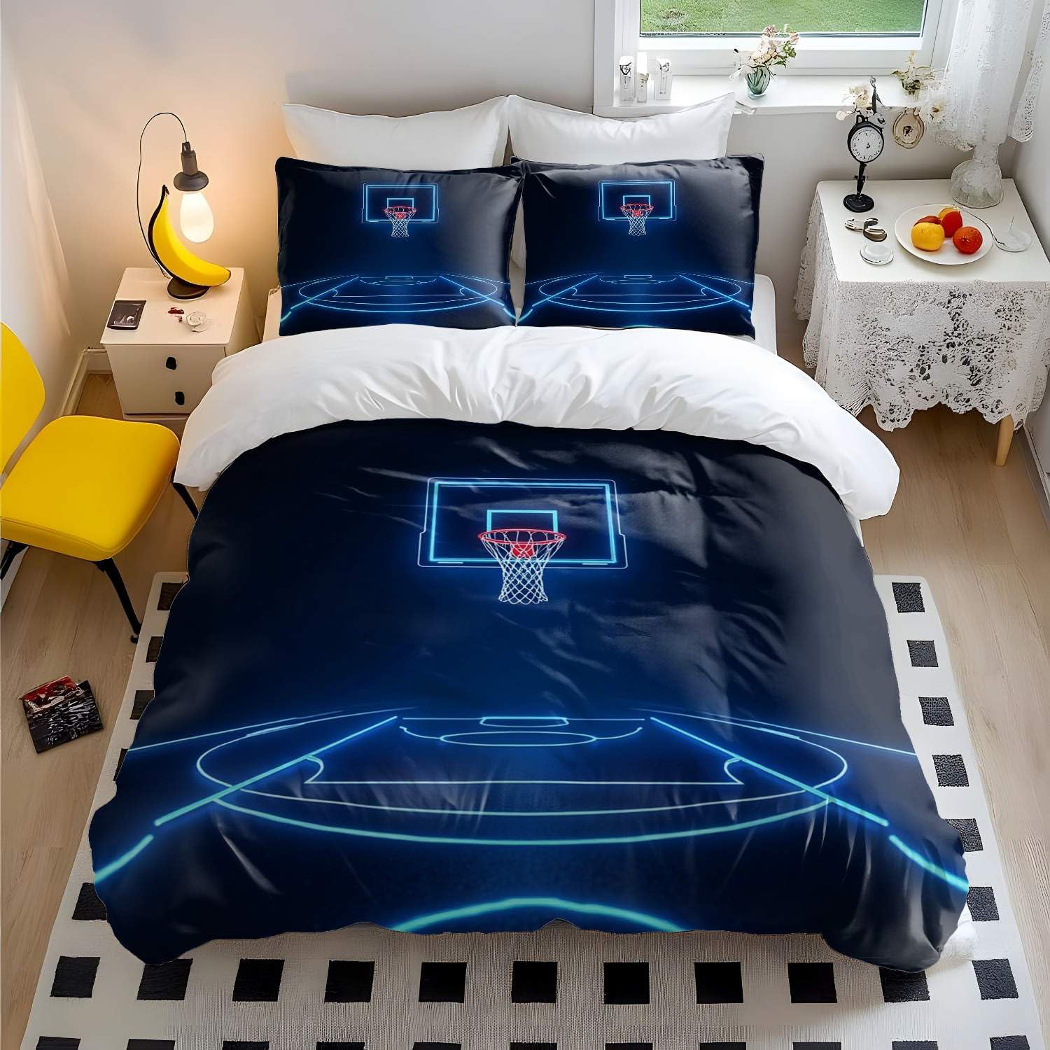 Parure de lit motif géométrique basket-ball double avec housse de couette pour chambre de garçon