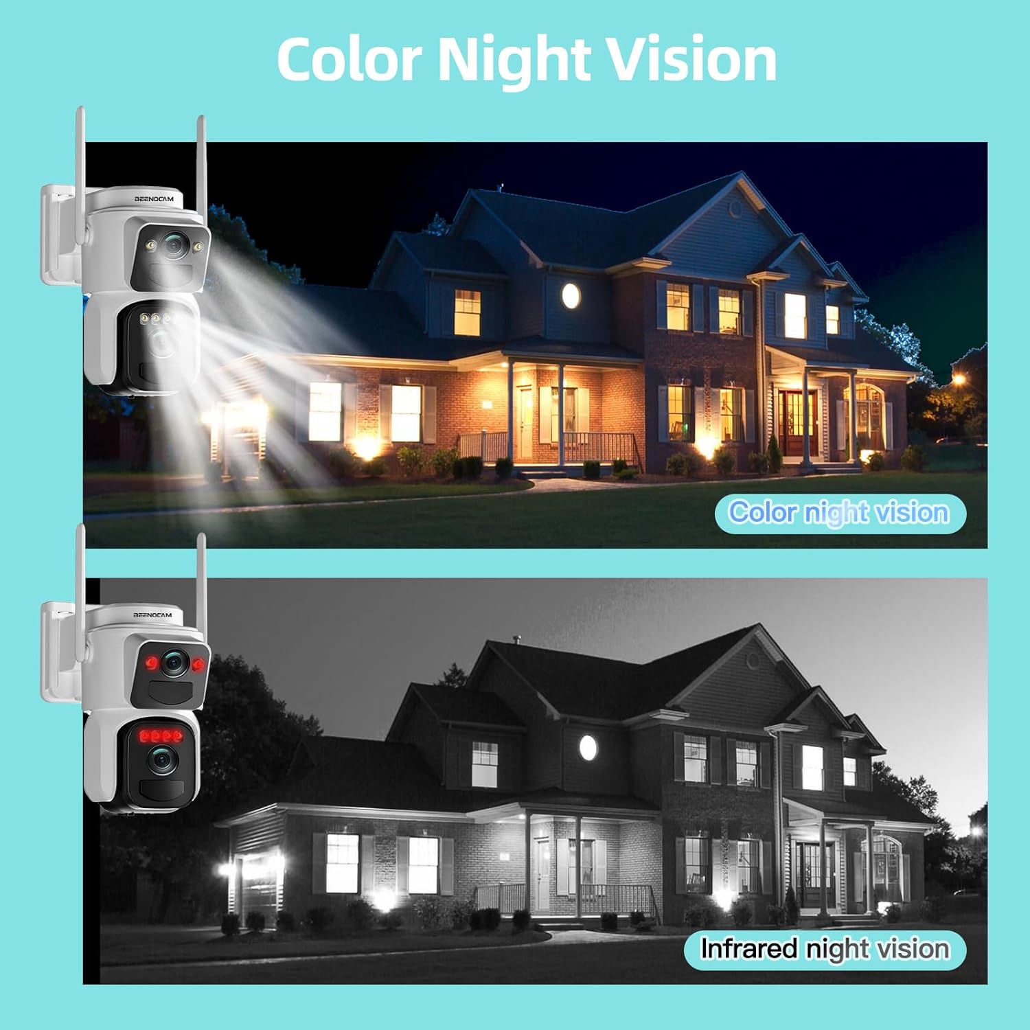 Comparison image showing a scene at night with color night vision (illuminated) and infrared night vision (black and white).