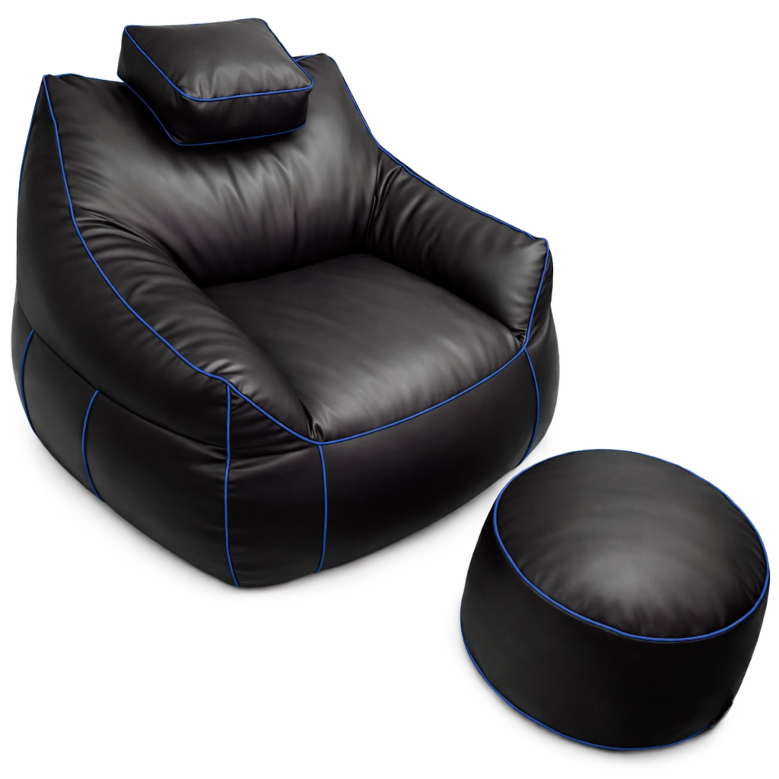 bananair - Set Pouf Poltrona Gaming XXL + Pouf rotondo - Comfort per relax e gaming - Poggiatesta regolabile, 2 tasche - Per divano, soggiorno e postazione gaming (110×100×90 cm, Blu)