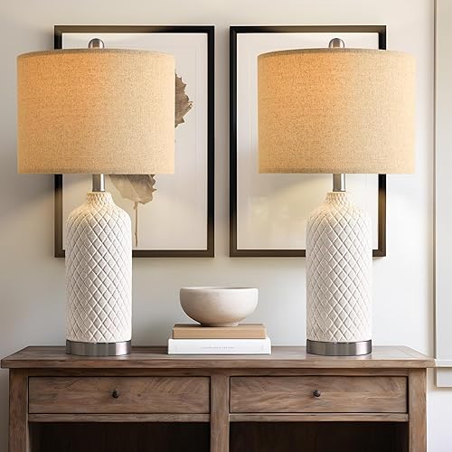 Miniatura 3 de G-SAFAVA Juego de 2 lámparas de mesa de cerámica modernas de 24.25 pulgadas, lámpara blanca y plateada para dormitorio, sala de estar, lámparas de