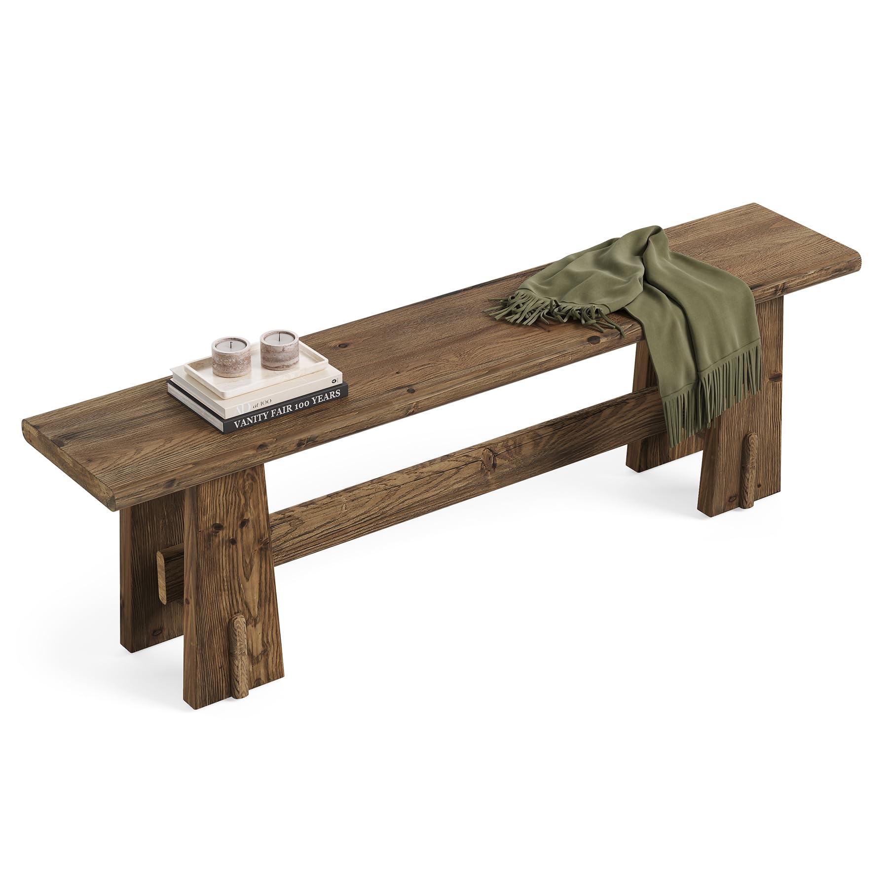 LITTLE TREE 59" Solid Wood Bench, Farmhouse Entryway Bench, Long Retro Bench for End of Bed, Dining Room, Entryway, Hallway, Living Room, Bedroom, Kitchen, Sturdy Frame Design, Rustic Brown
