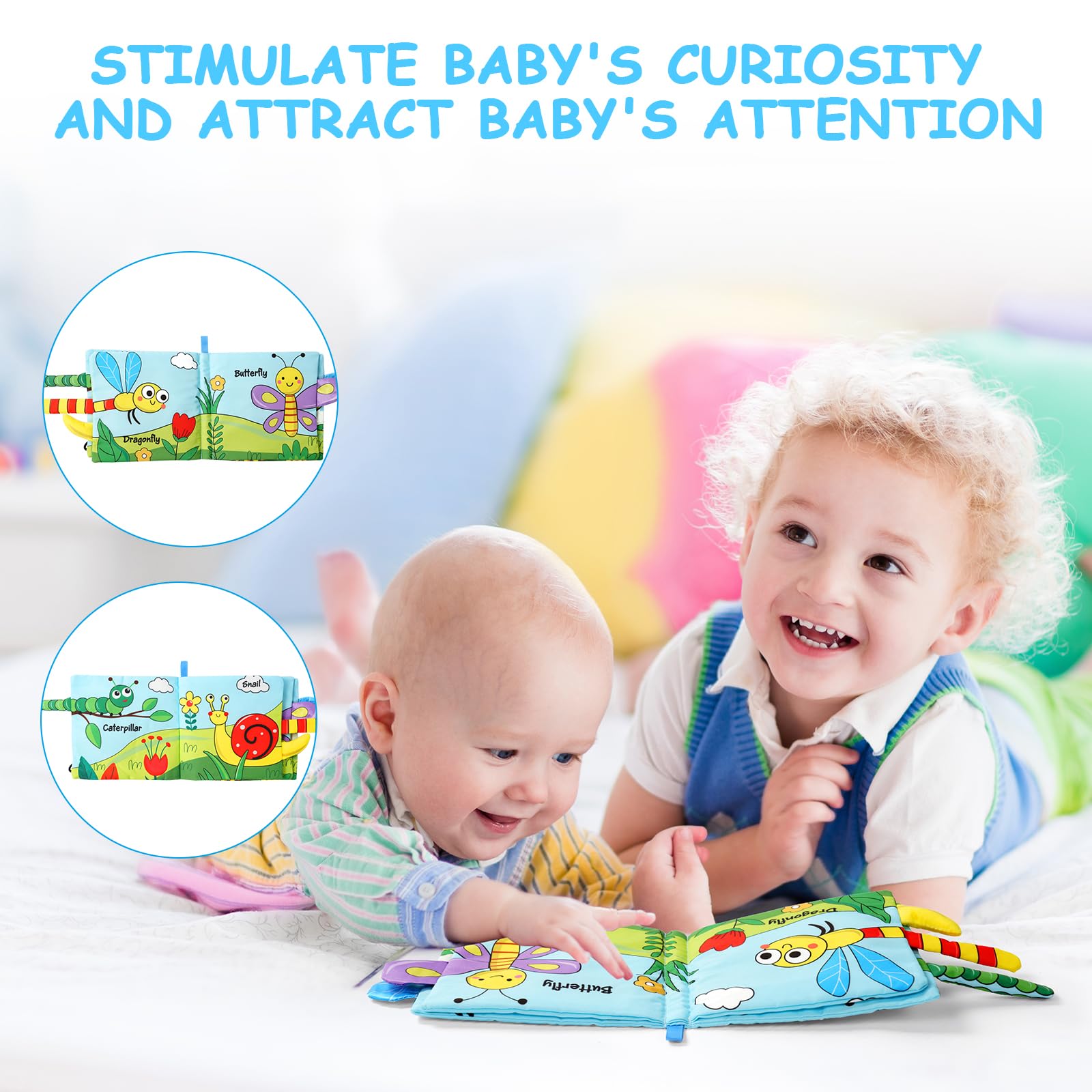 Vicloon Libro di Stoffa, 4 Pagine Libro Interattivo, Libri in Tessuto Morbido, Libro di Stoffa per Bambini con Suono BB, Sensoriali Giochi Neonato Giocattoli Educativi, Beetle