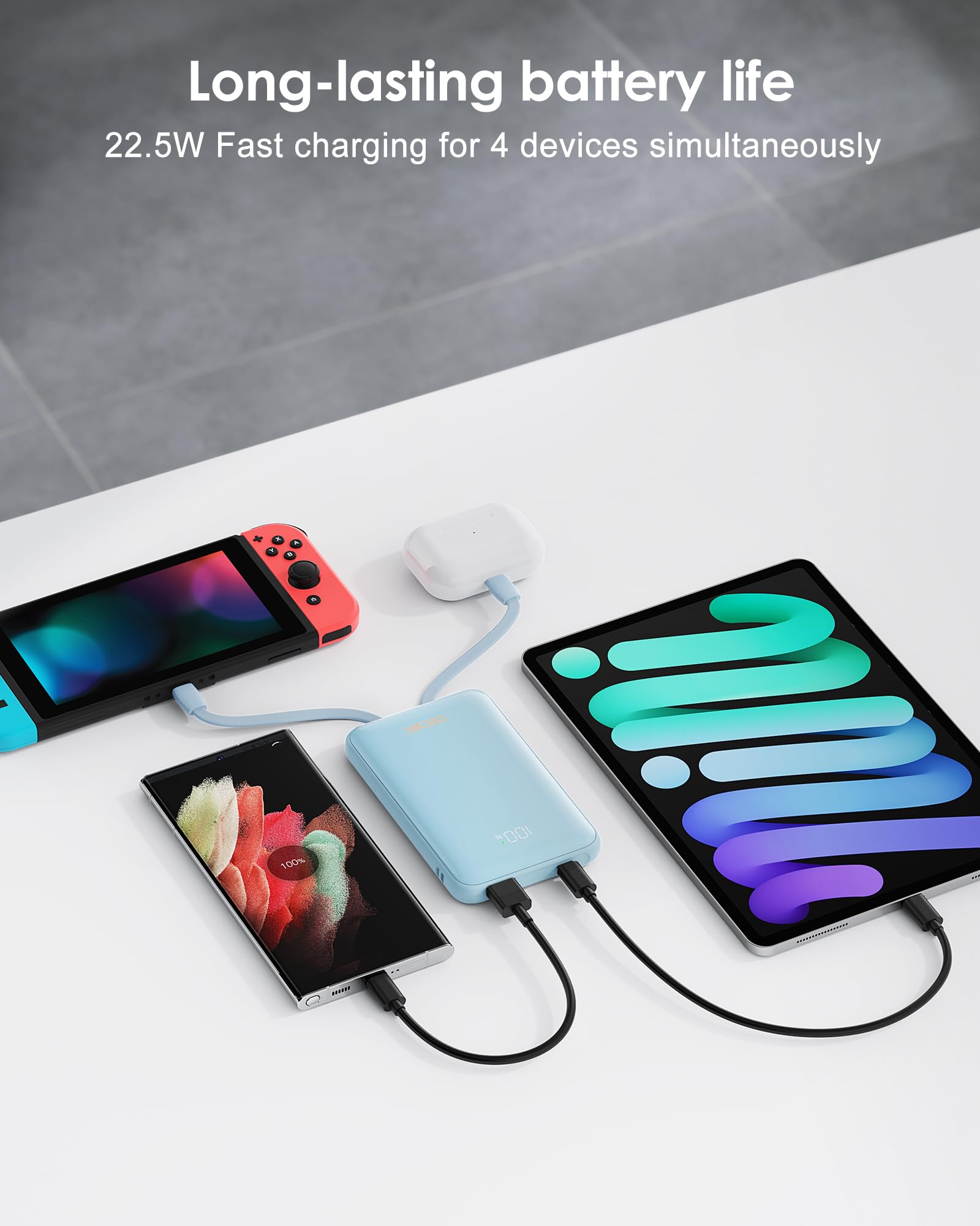 Qecvec Portable Charger 10000mAh, Cell Phone Portable Power Banks with 22.5W PD Fast Charging, Compact Phone Charger Built in Cable, Compatible with Apple, Samsung, Google, Motorola and More