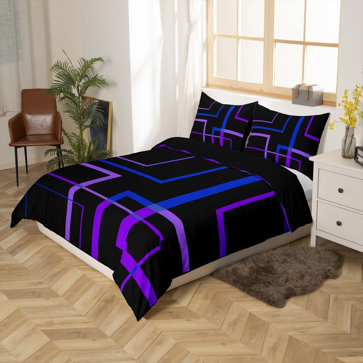 Homewish Black and Navy Purple Duvet Cover King Abstract Minimalist Bedding Set - Image 4