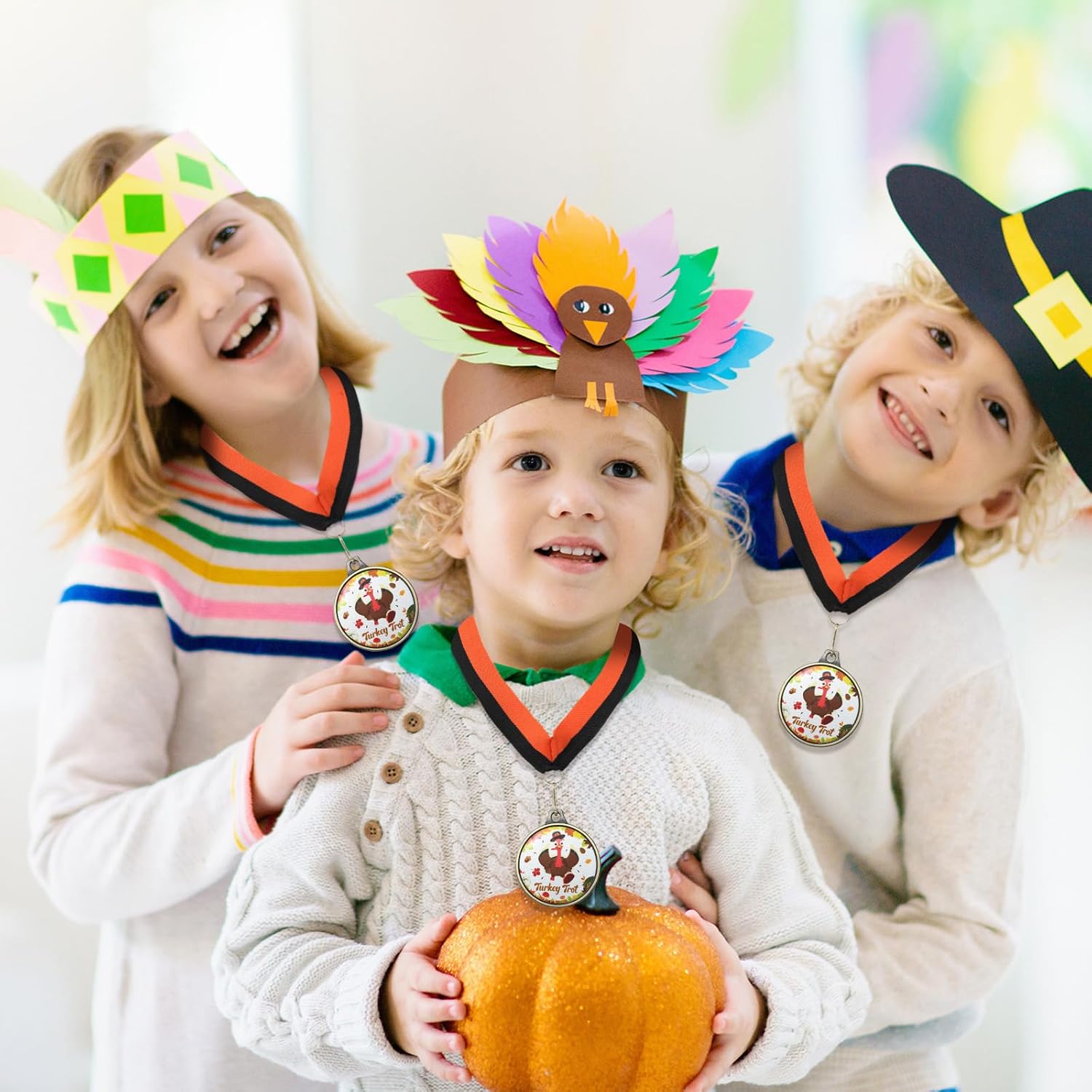 Sasylvia Thanksgiving Turkey Medals Bulk 2'' Metal Turkey Trot 5k Trophy with Ribbon Leaves Wreath Race Medals Thanksgiving Awards Prizes