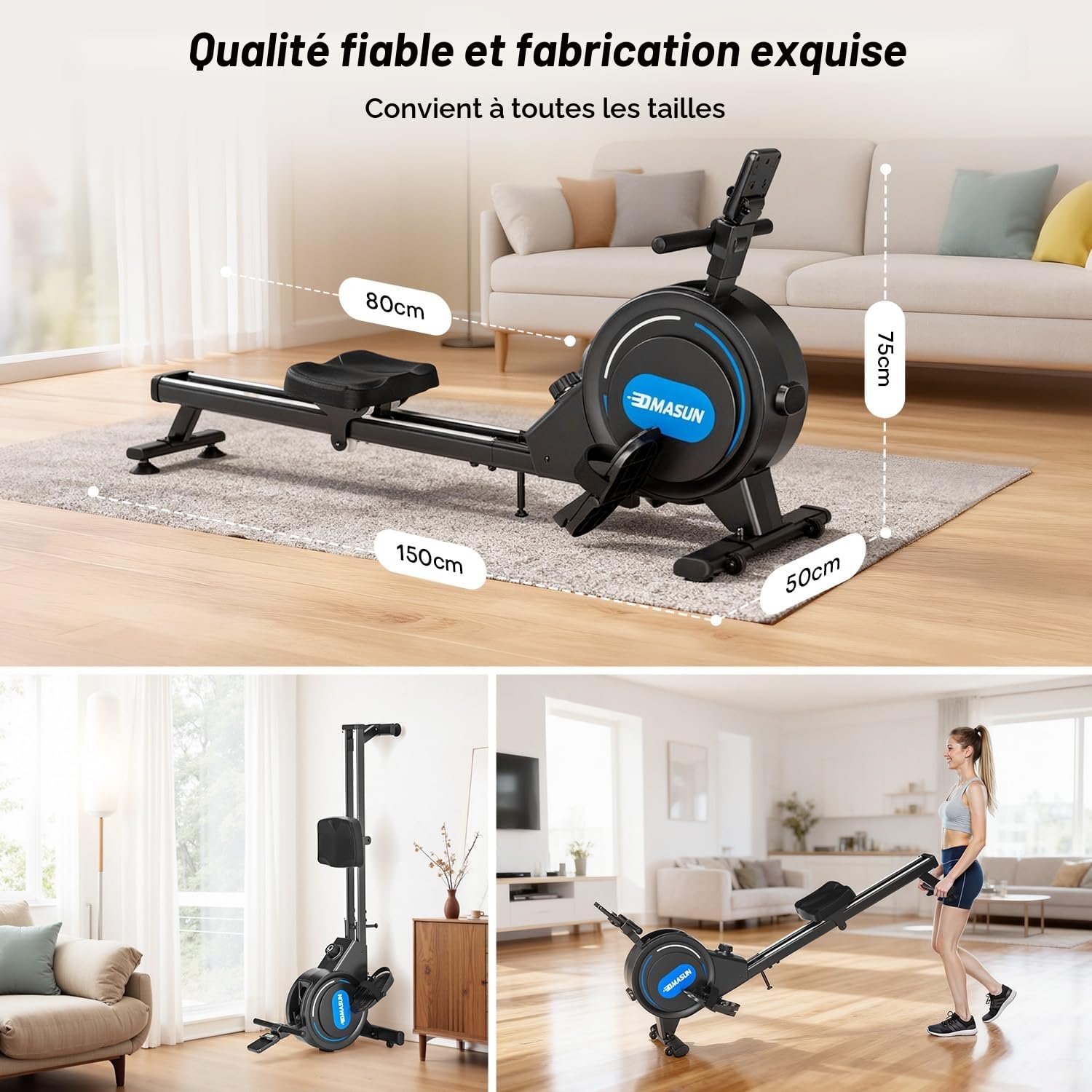 DMASUN Rameur Musculation d'Appartement​, 16/32 Niveaux de Résistance Magnétique, Rameur à Double Rails, App et Écran LED, Rangement Vertical, Assemblage Facile, Capacité 160 kg