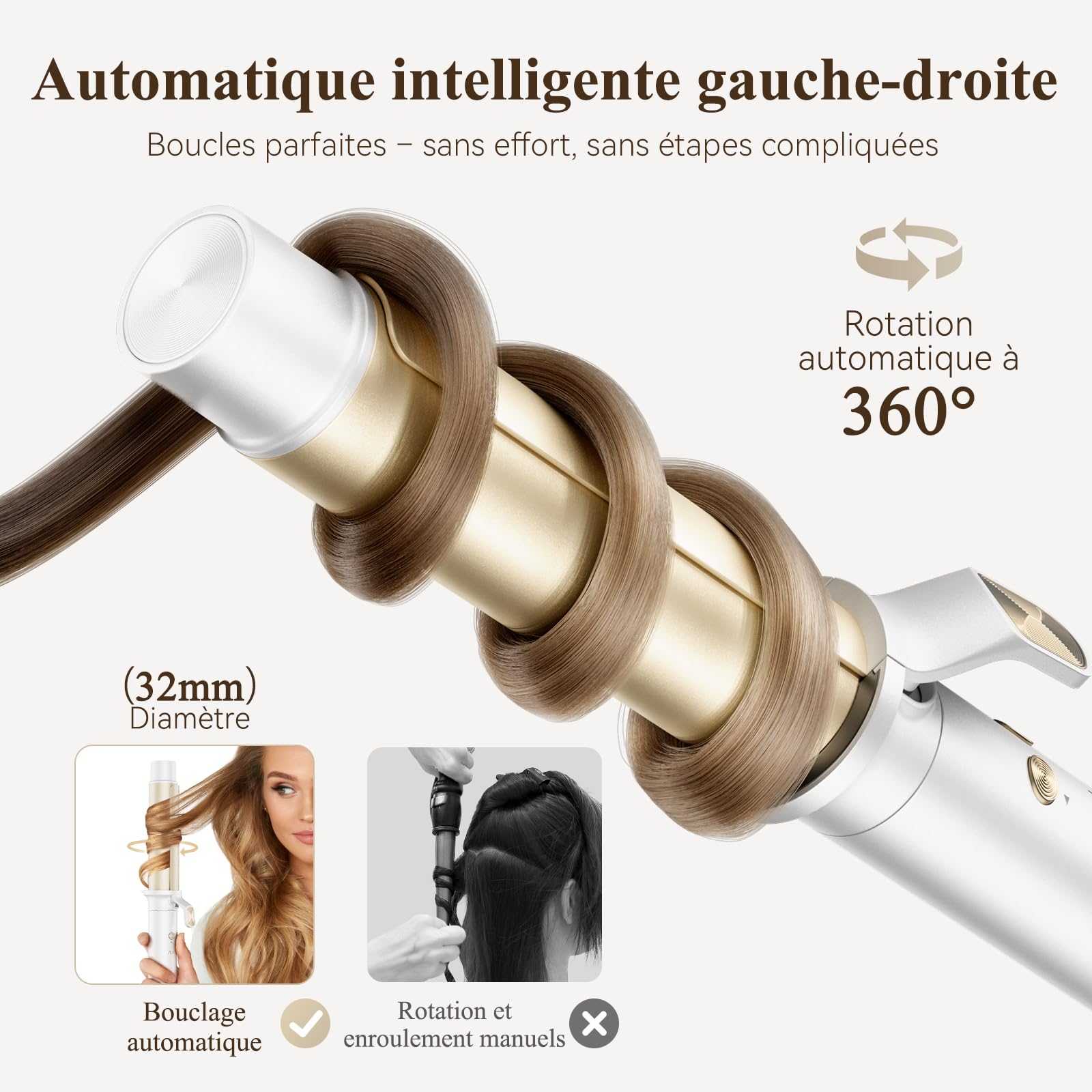 ANLAN Boucleur a Cheveux, 32mm Créer de Grosses Boucles, Contrôle de la Température à Quatre Niveaux (160-220 °C) Fer a Friser en Céramique, Tige Chauffante Extra-Longue 12 cm Chauffage Rapide