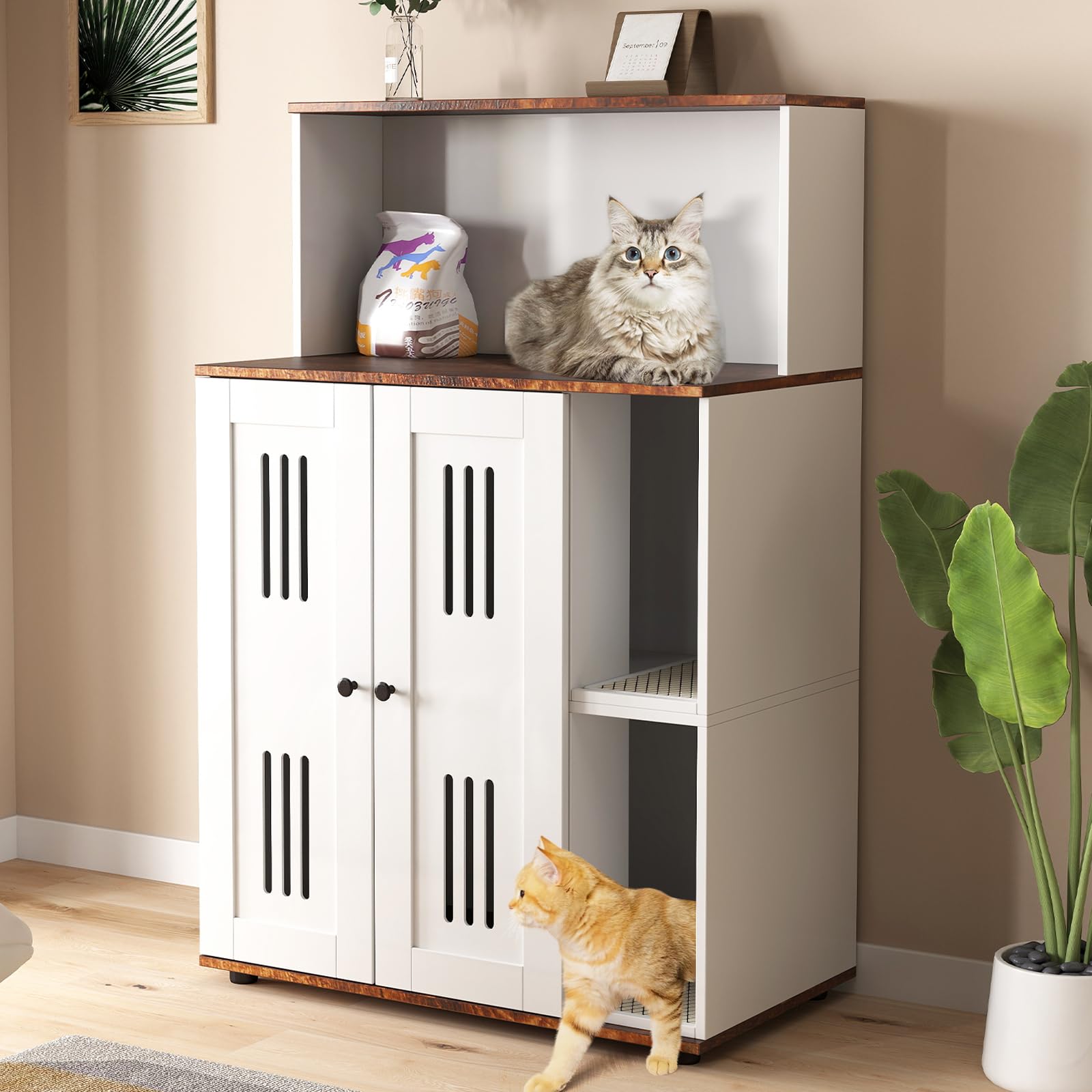 Litter Box Enclosure for 2 Cats, Double Litter Box Enclosure with Scratch Mat, Hidden Cat Litter Boxes Furniture for Most Litter Boxes, White