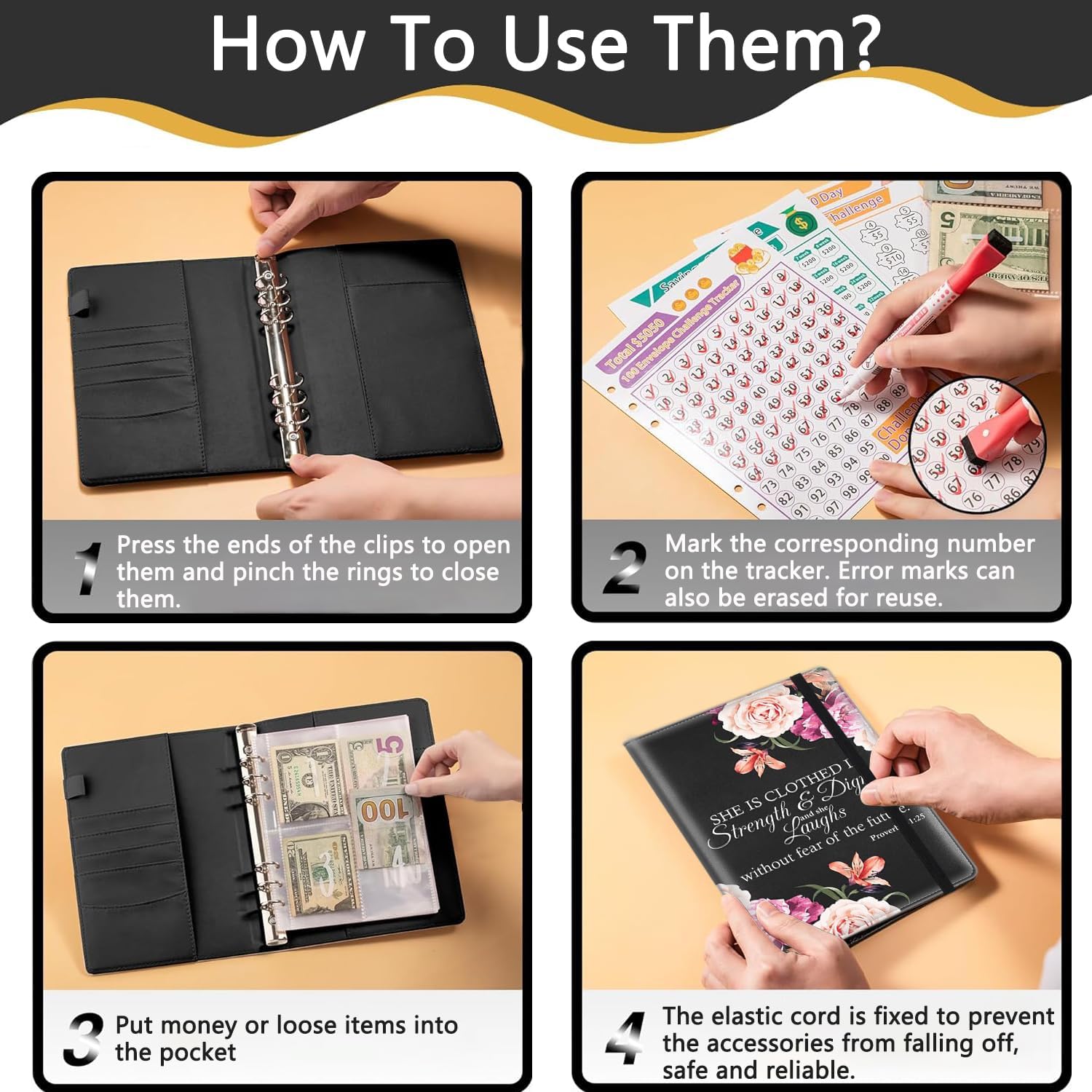 100 Envelopes Money Saving Challenge, A5 Budget Binder with Cash Envelopes & 3 Budgeting Planner Trackers to Save $5,050 Money ，Savings Challenge Book for Organizer, Proverbs 31-25 Bible Verse