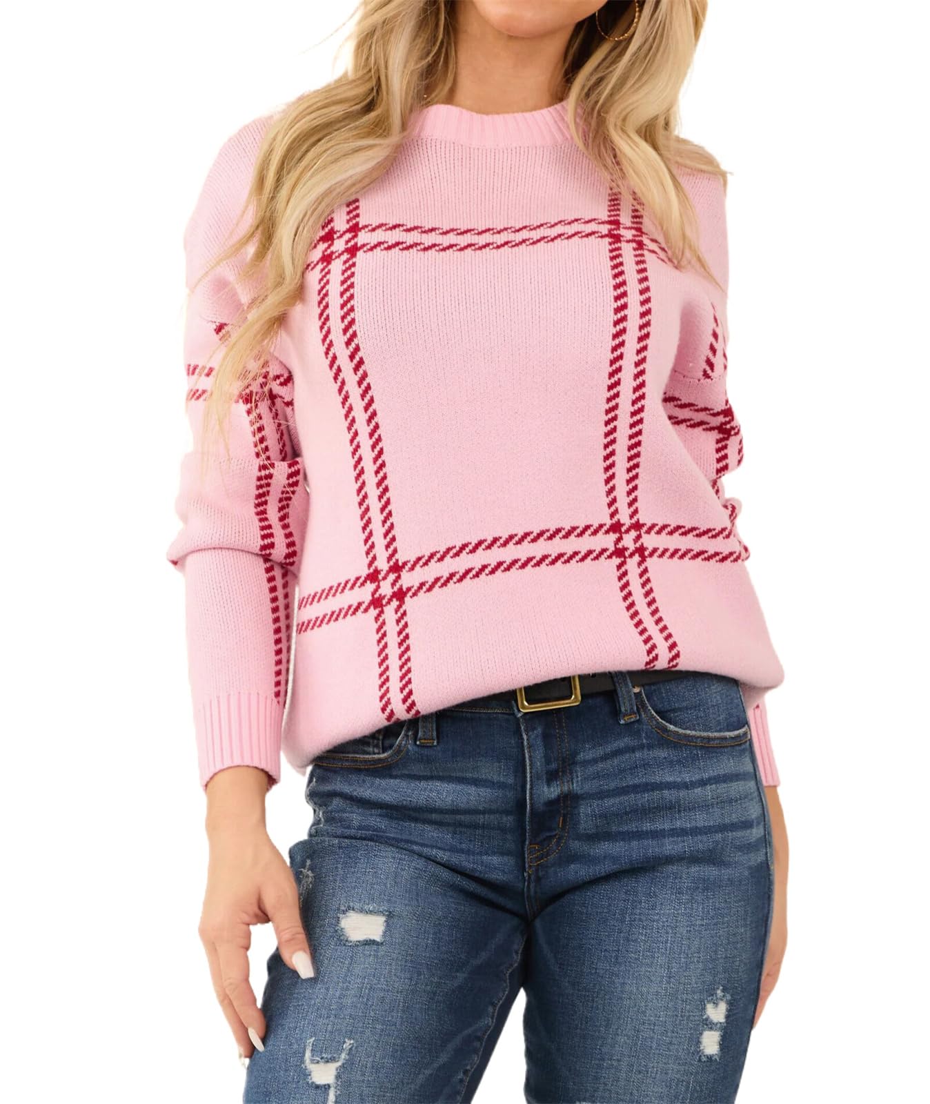 Womens Casual Long Sleeve Knit Sweater Trendy Tops Winter Fall Winter Crew Neck Pink Plaid Pattern