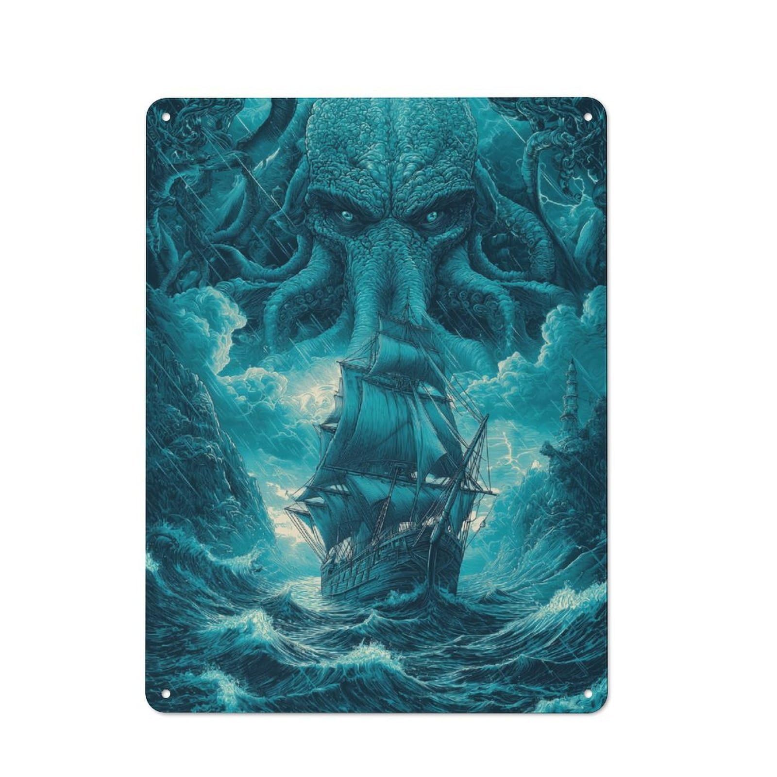 Junmoney Kraken's Wrath Stormy Seas Vintage Tin Sign 40X30cm With For Man Cave Or Games Room, Suited To Wall Displays In Games Rooms And Man Caves