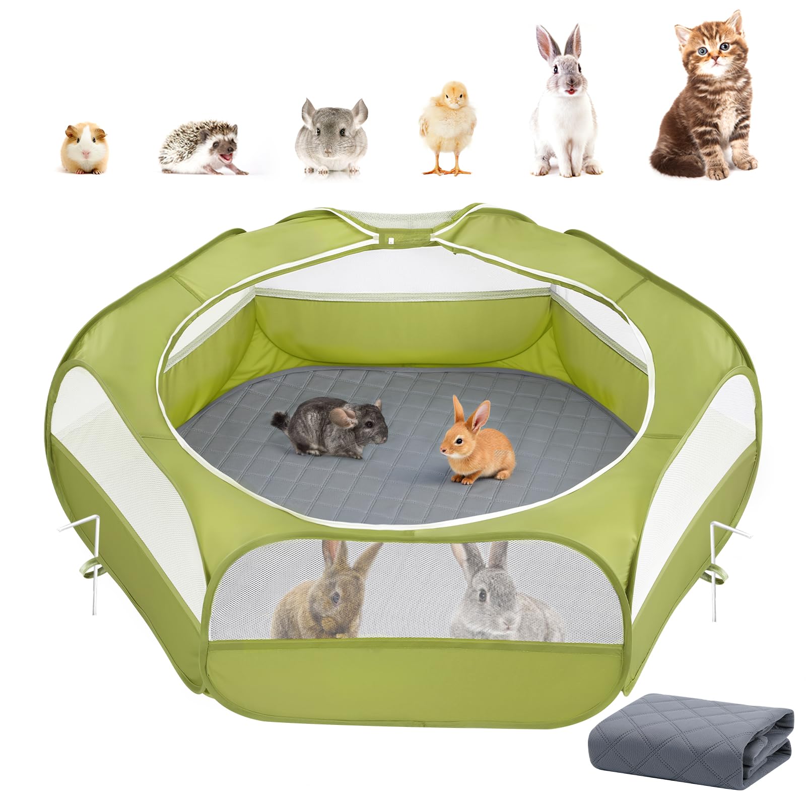 Pawaboo 2-in-1 Small Animals Playpen with Pad, Green+Gray